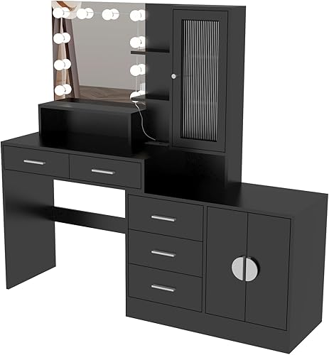 Escritorio de tocador con luces, tocador de maquillaje con tira de corriente, juego de tocador con 5 cajones grandes, espejo de tocador de 3 colores
