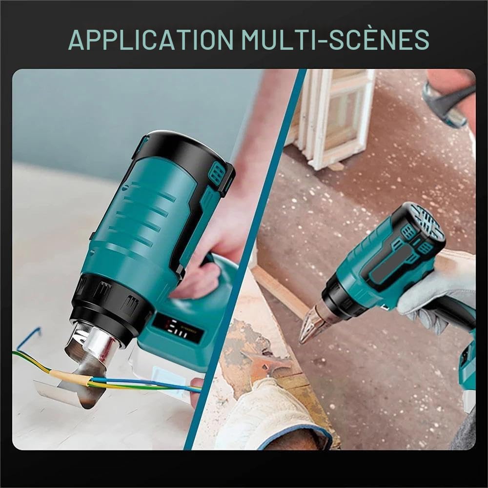 Décapeur Thermique, Pistolet à Air Chaud pour batterie Makita 18v, avec réducteur, jet large, buse réflectrice, température jusqu'à 550°C, éclairage LED, Pistolet Thermique pour Retrait Thermiquement