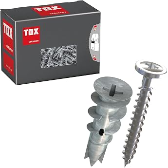 TOX Spiral Plus + S 06819171 Plasterboard Dowels 32 mm Dowels with Flat Head Screw PZ2 for Single and Two Layer Plasterboard without Pre-Drilling Plasterboard Pack of 25 in Box