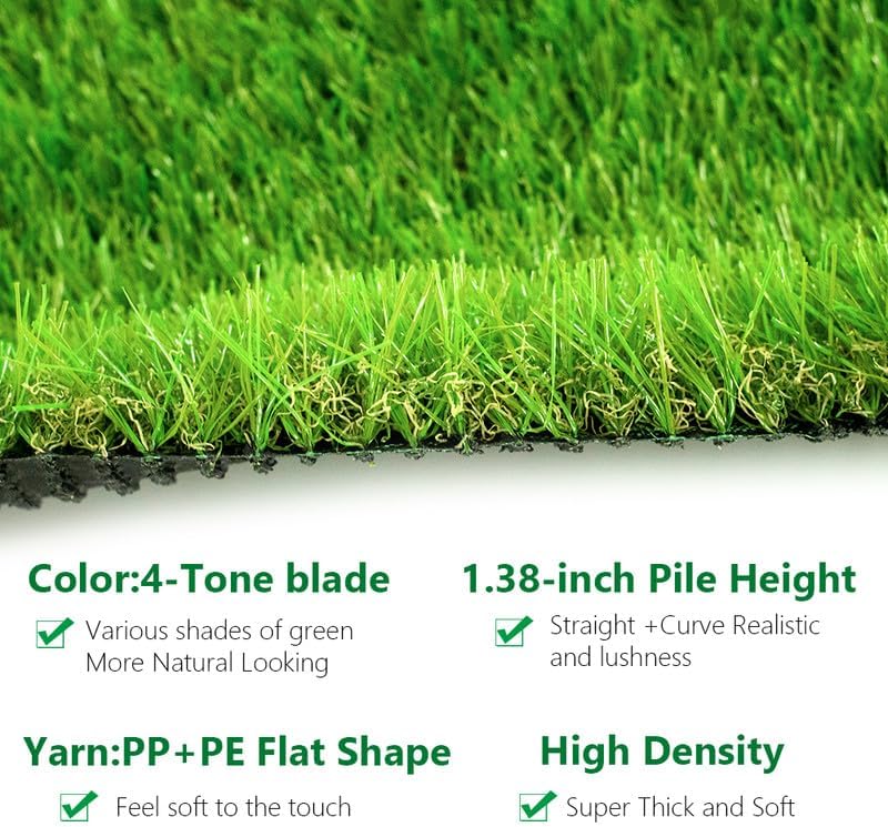 Artificial Grass Turf Synthetic Grass 1.38inch Pile Height High Density Fake Grass Rug 3FTX4FT, Indoor Outdoor Pet Astroturf Faux Grass Lawn Carpet,Custom Size Provided