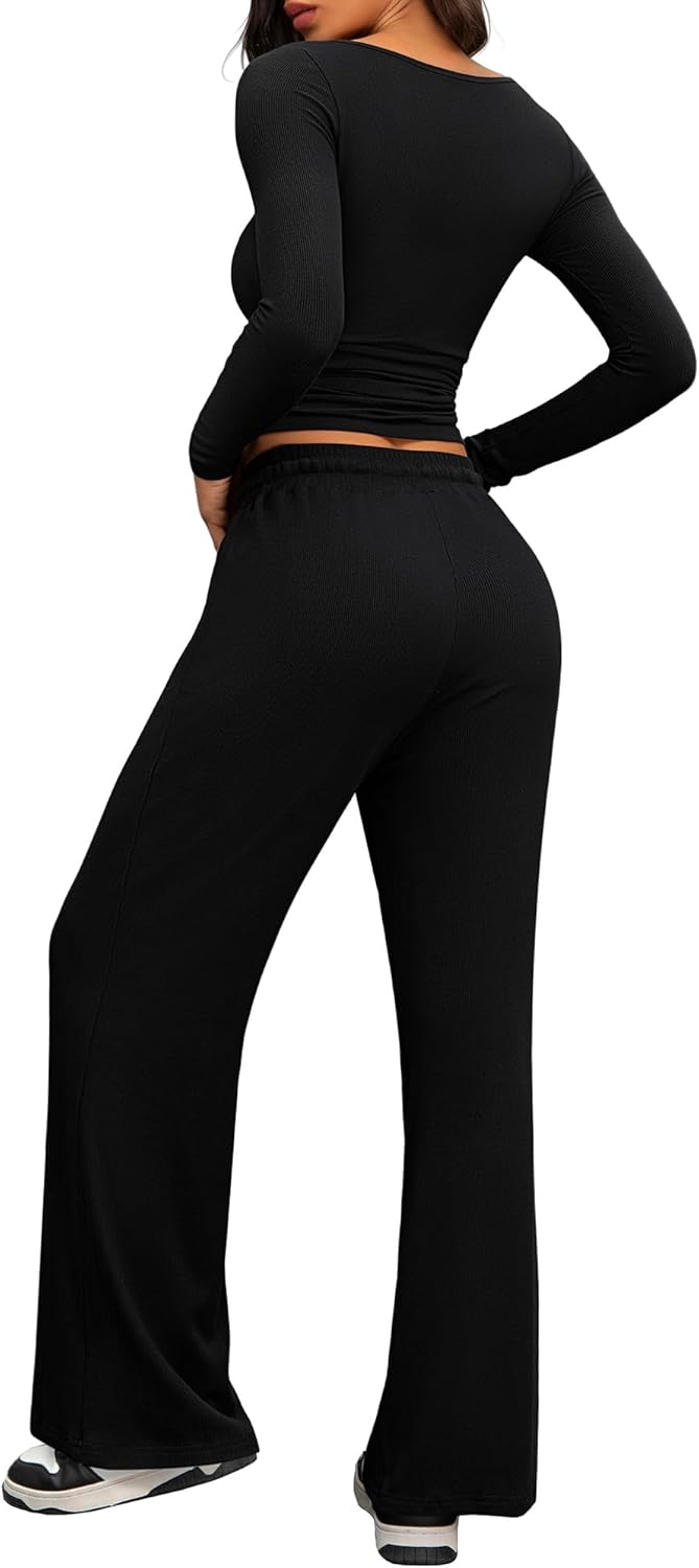 Cozy 2 Piece Lounge Sets for Women, Side Ruched Long Sleeve Top & Wide Leg Pants Casual Matching Tracksuit for Home & Travel - Image 5