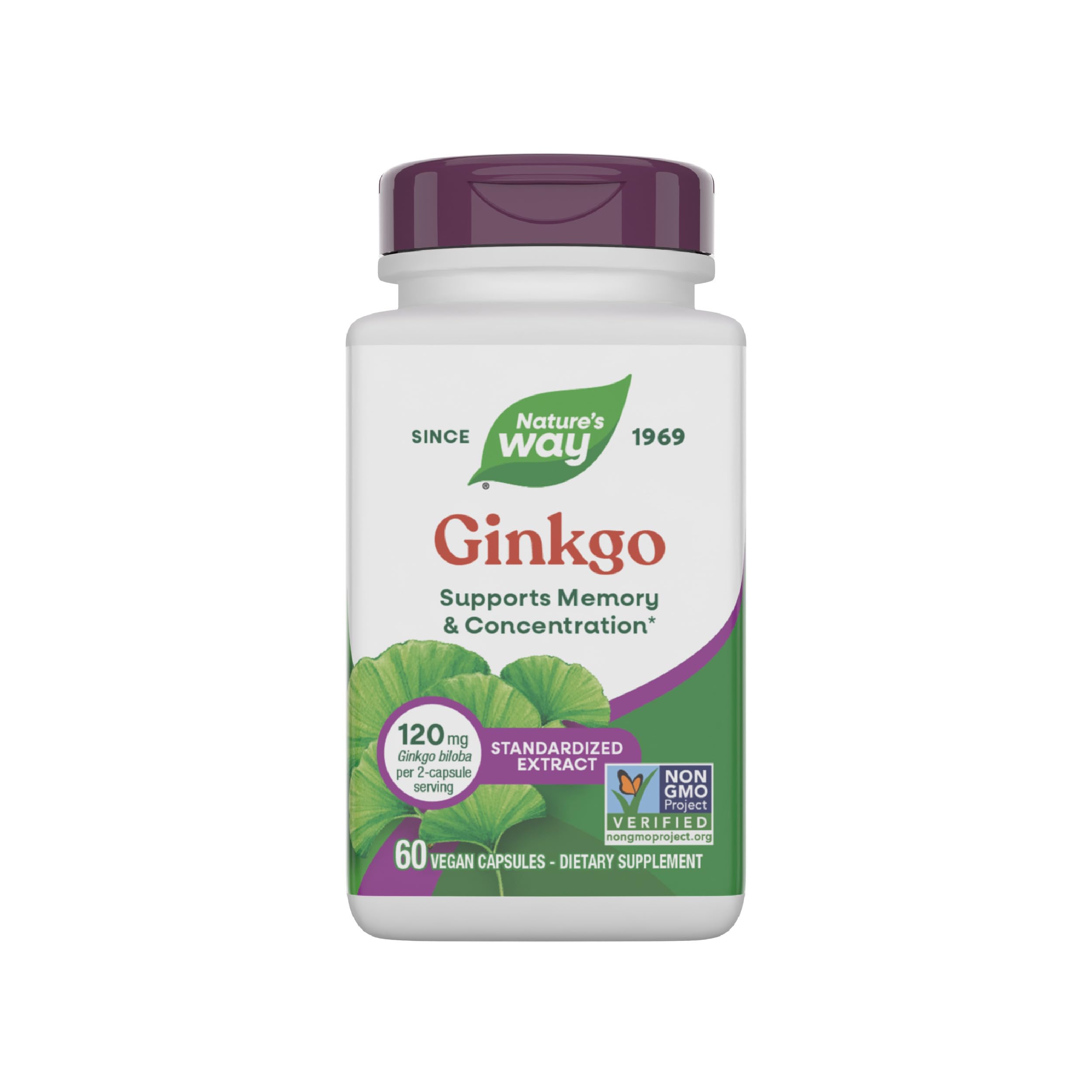 Nature's Way Ginkgo Premium Extract, Supports Memory & Concentration*, 120 mg Ginkgo Biloba Extract per 2-Capsule Serving, with Gotu Kola, Vegan, No Gluten, 60 Capsules (Packaging May Vary)
