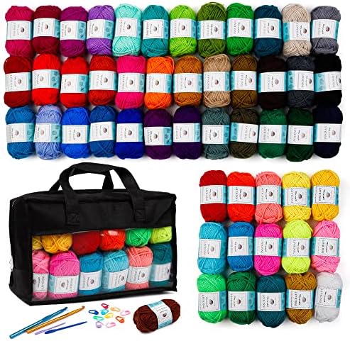 Inscraft 52 Acrylic Yarn Skeins, 1820 Yards 52 Colors Acrylic Yarn Skeins, 2 Crochet Hooks, 2 Weaving Needles, 10 Stitch Markers, 1 Bag, Yarn for Crocheting & Knitting, Gift for Beginners and Adults
