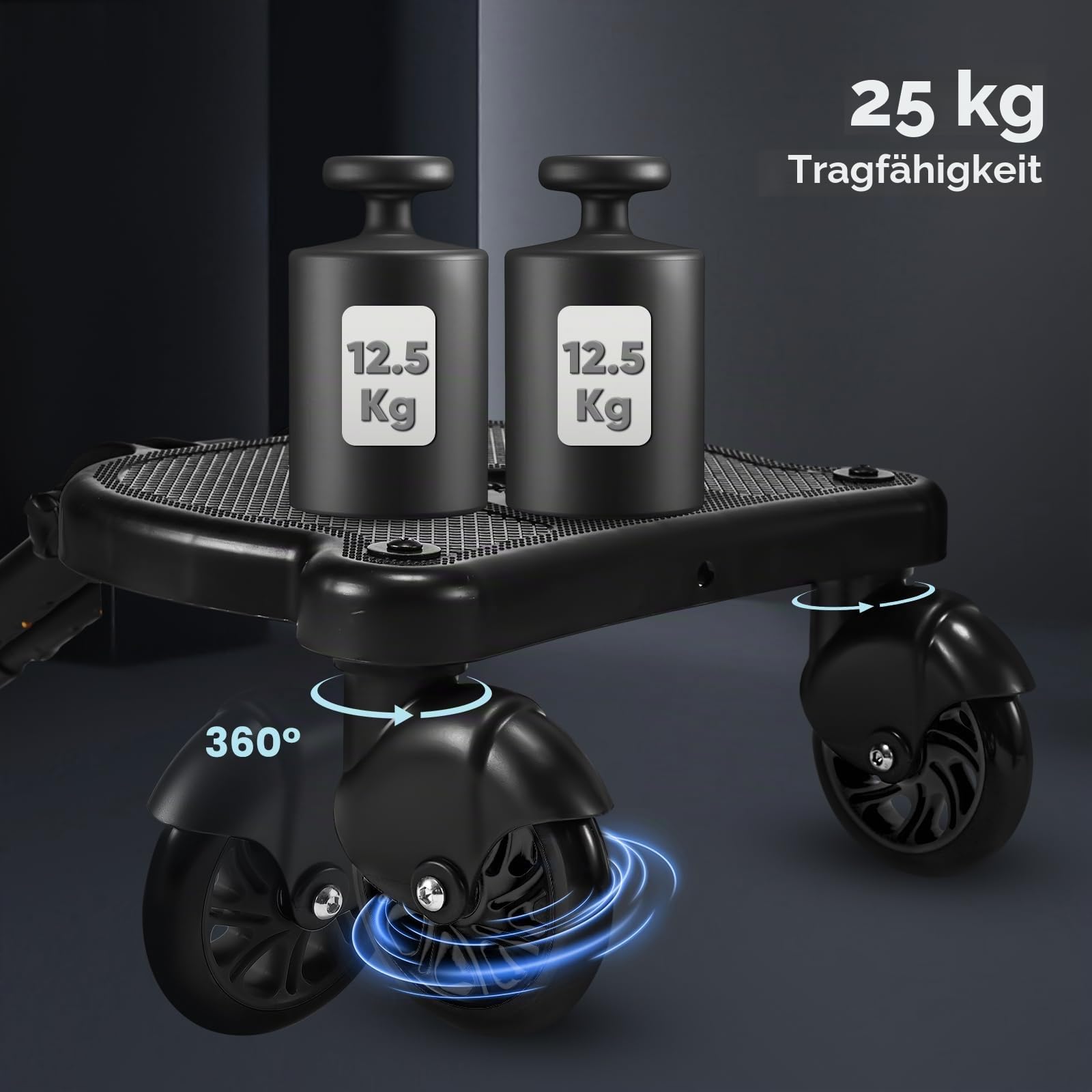 Buggy Board, Kinderwagen Trittbrett, Universal für alle Kinderwagen, Trittbrett Kinderwagenzubehör für Kinder von 2-6 Jahren, max. Belastung von 25kg, schwarze Räder