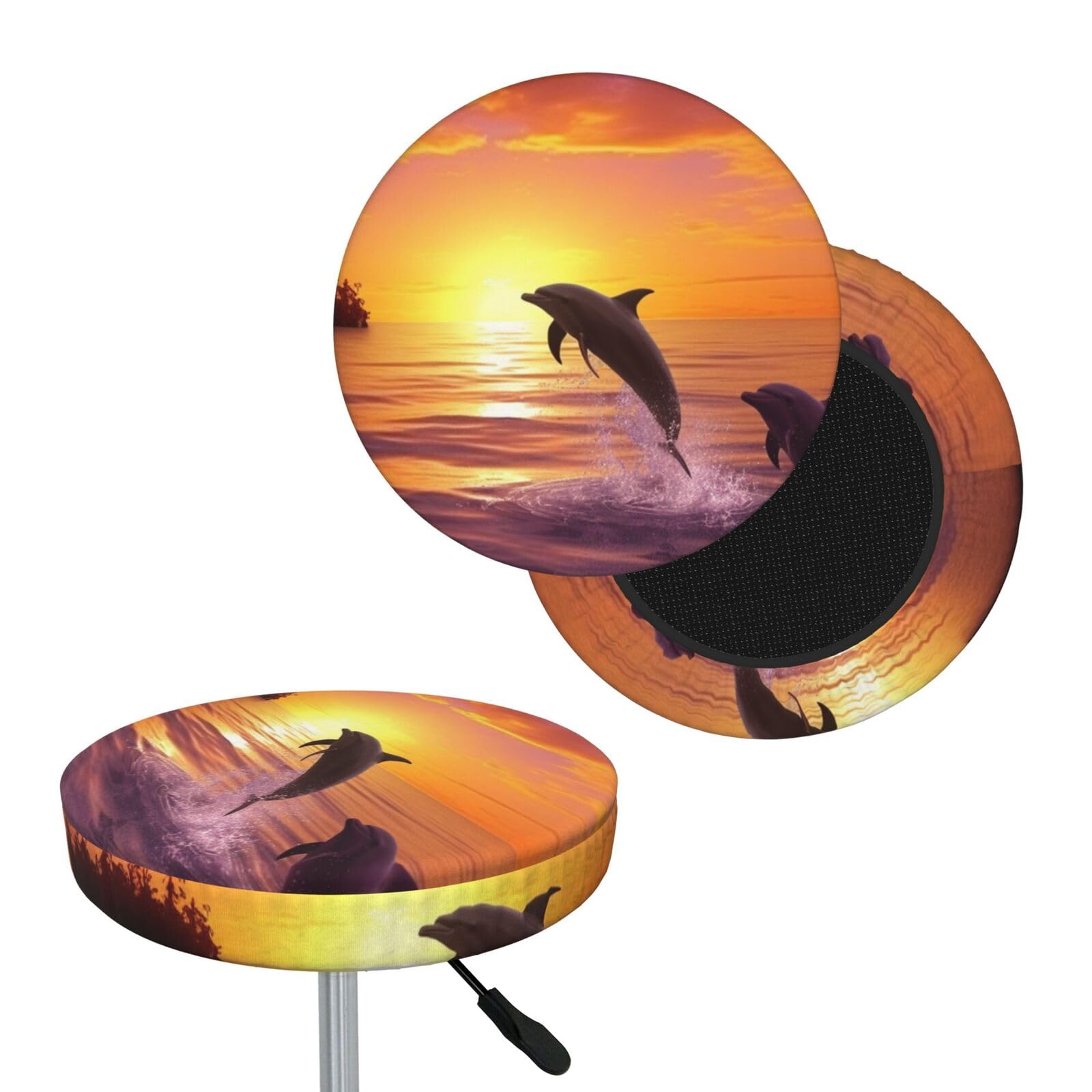 FekiLoot Sunset Dolphins Round Bar Stool Covers Stretch Washable Bar Stool Covers Dustproof Slipcover Bar Chair Covers with Elastic Band for Bar Kitchen Living Room Decor 14 Inch