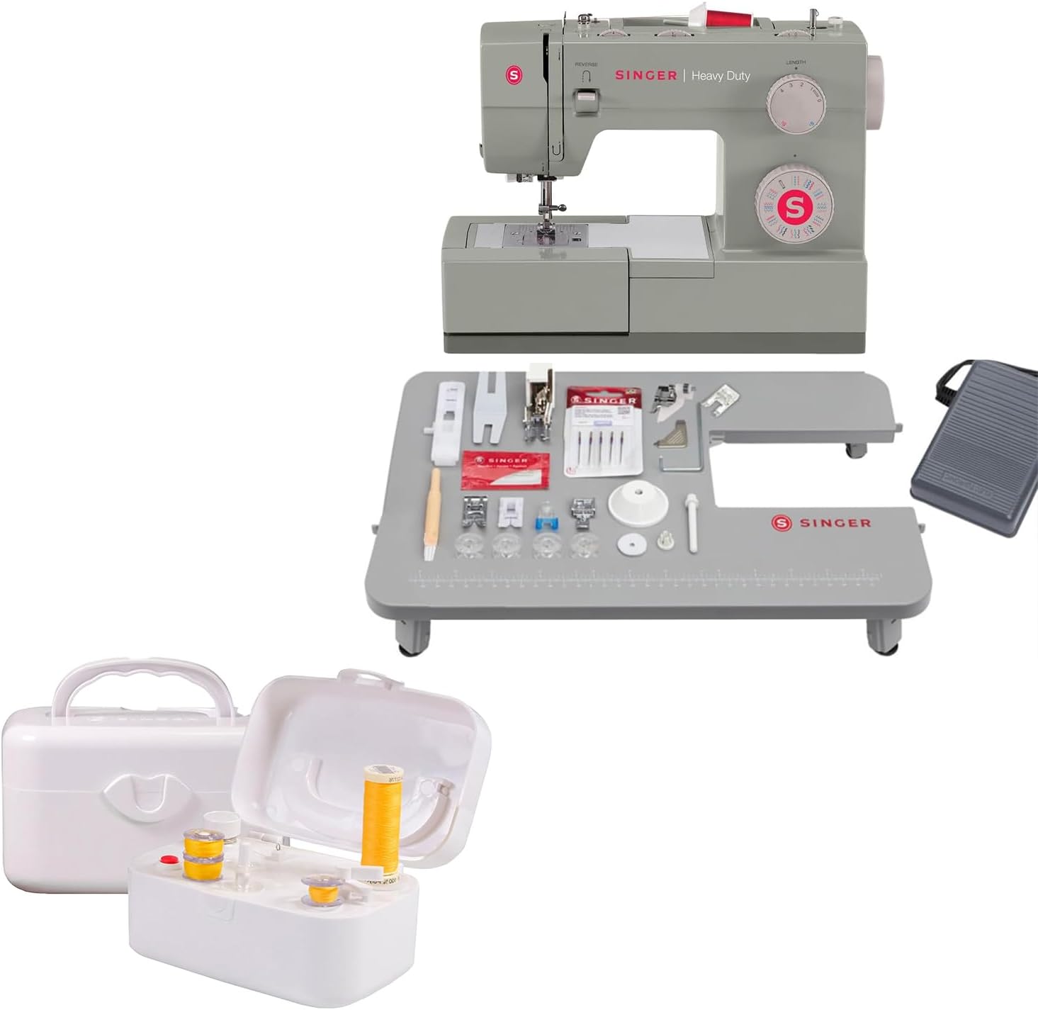 SINGER 4452 Heavy Duty Sewing Machine Bundle with Extension Table & Bobbin Winder | 110 Stitches, Strong Motor, LED Light, 1-Step Buttonhole, Class 15/15J Compatible