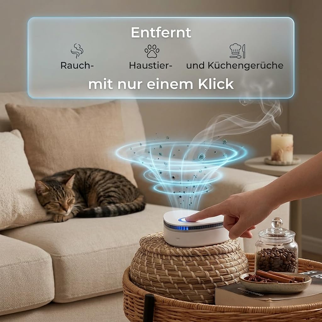 Ozon Luftreiniger, Geruchsentferner ohne Filter für Rauch Tiergerüche und Kochgerüche, Kompakt Leise Wiederaufladbar für Wohnung Auto Küche Schlafzimmer Büro