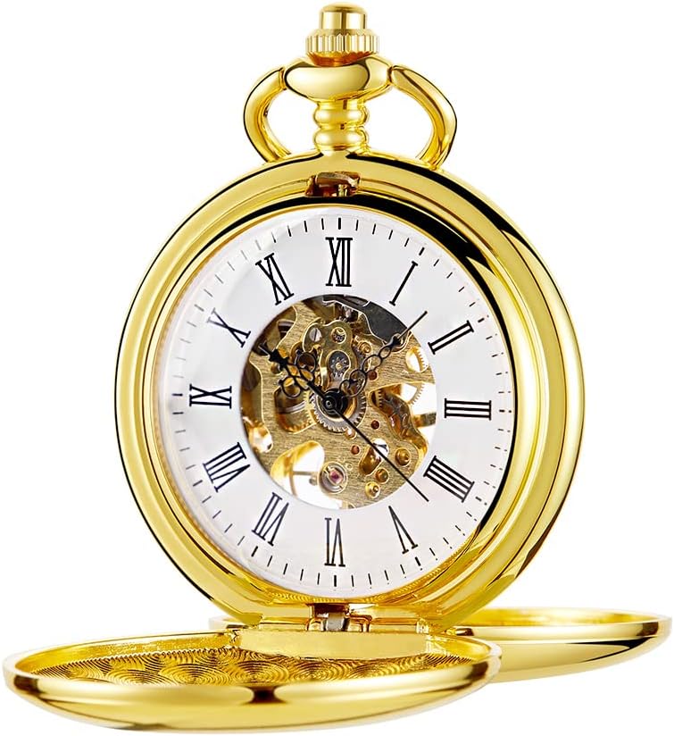 AlwesamVintage Design Case Mechanical Men's Watch Double Face Roman Numerals Clock Hand Wind Pocket Watch with Chain&Box
