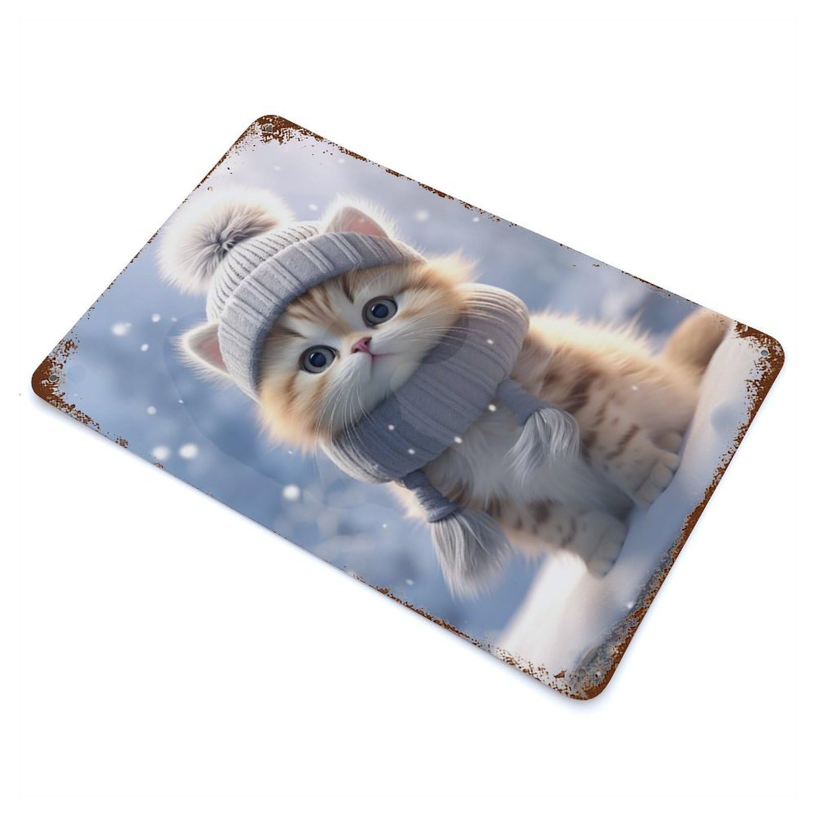 Snowy Kitty Cuteness Vintage Rust Metal Sign 11.8"x7.9", Farmhouse Wall Decor for Garage, Pub Or Kitchen