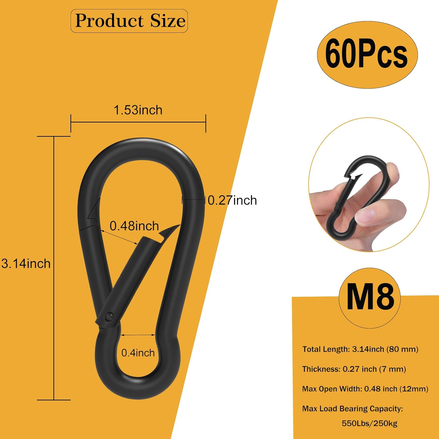 Heavy-Duty Carabiner Clip 1.57"–5.5", Black/Silver Spring Snap Hook, Quick Link Keychain Clip for Keys, Swing Set, Camping, Fishing, Hiking & Traveling (120–1350 lbs)