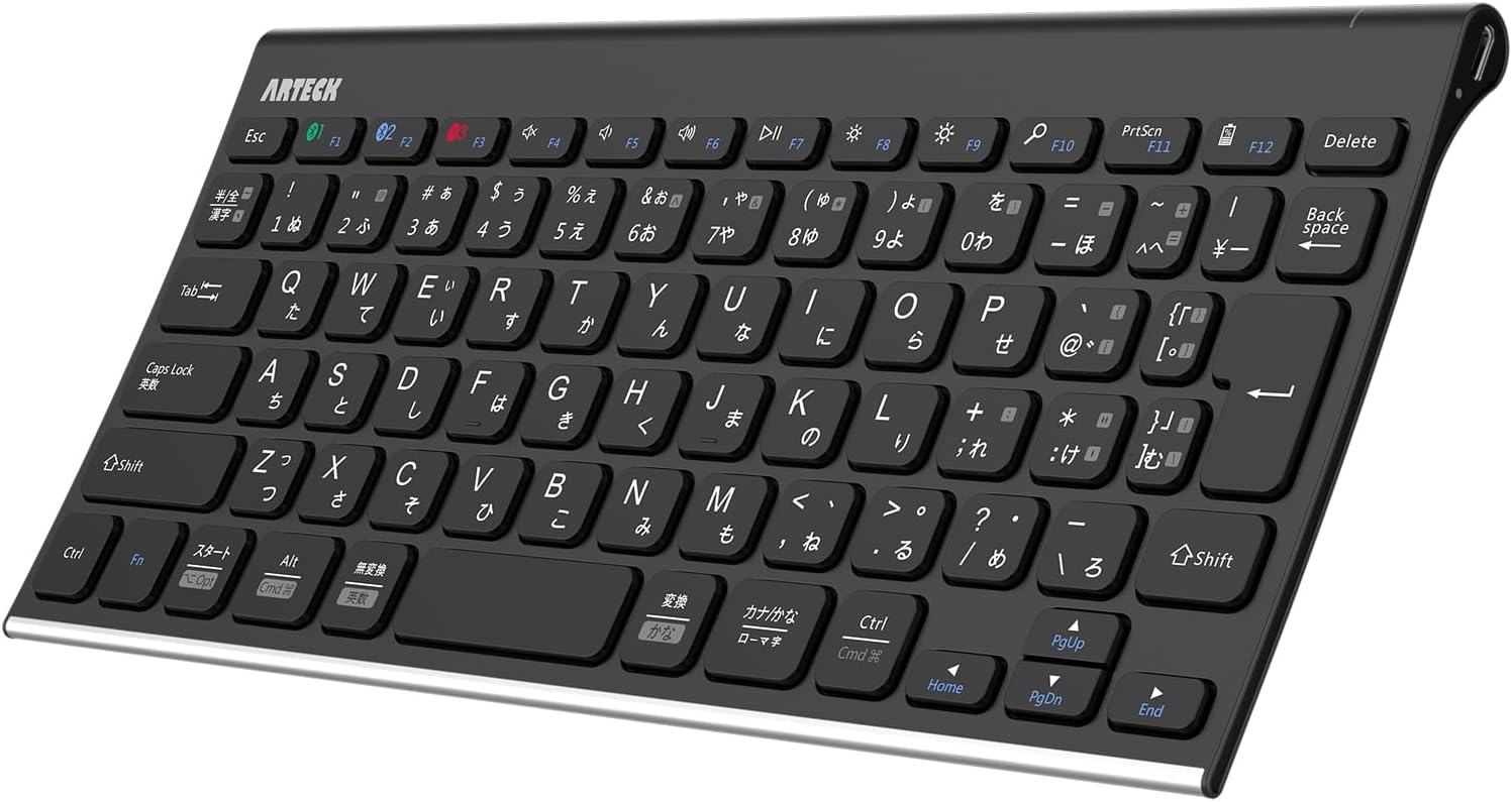 Arteck Wireless Keyboard, Japanese Layout, Multi-Device Stainless Steel Bluetooth Keyboard, Portable Design, Bluetooth Compatible, Compatible with iOS, Android, Windows Tablet PC, Smartphone, Built-in Rechargeable Battery for 6 Months