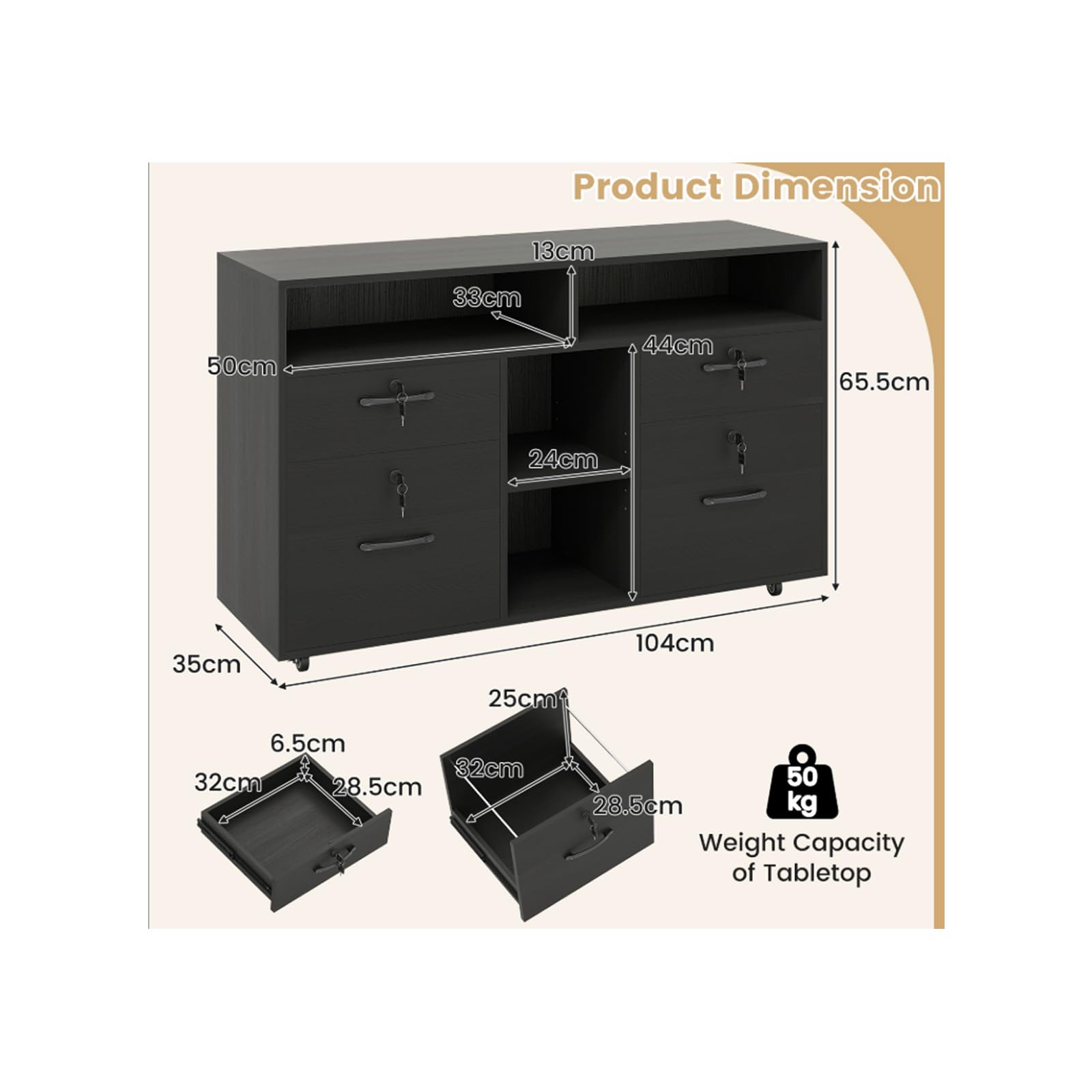 GIANTEX Cassetto da scrivania mobile con 4 cassetti chiusi con 8 chiavi, 4 ripiani aperti, ripiano centrale regolabile, armadio con raccoglitori su ruote per documenti A4, formato lettera (nero)