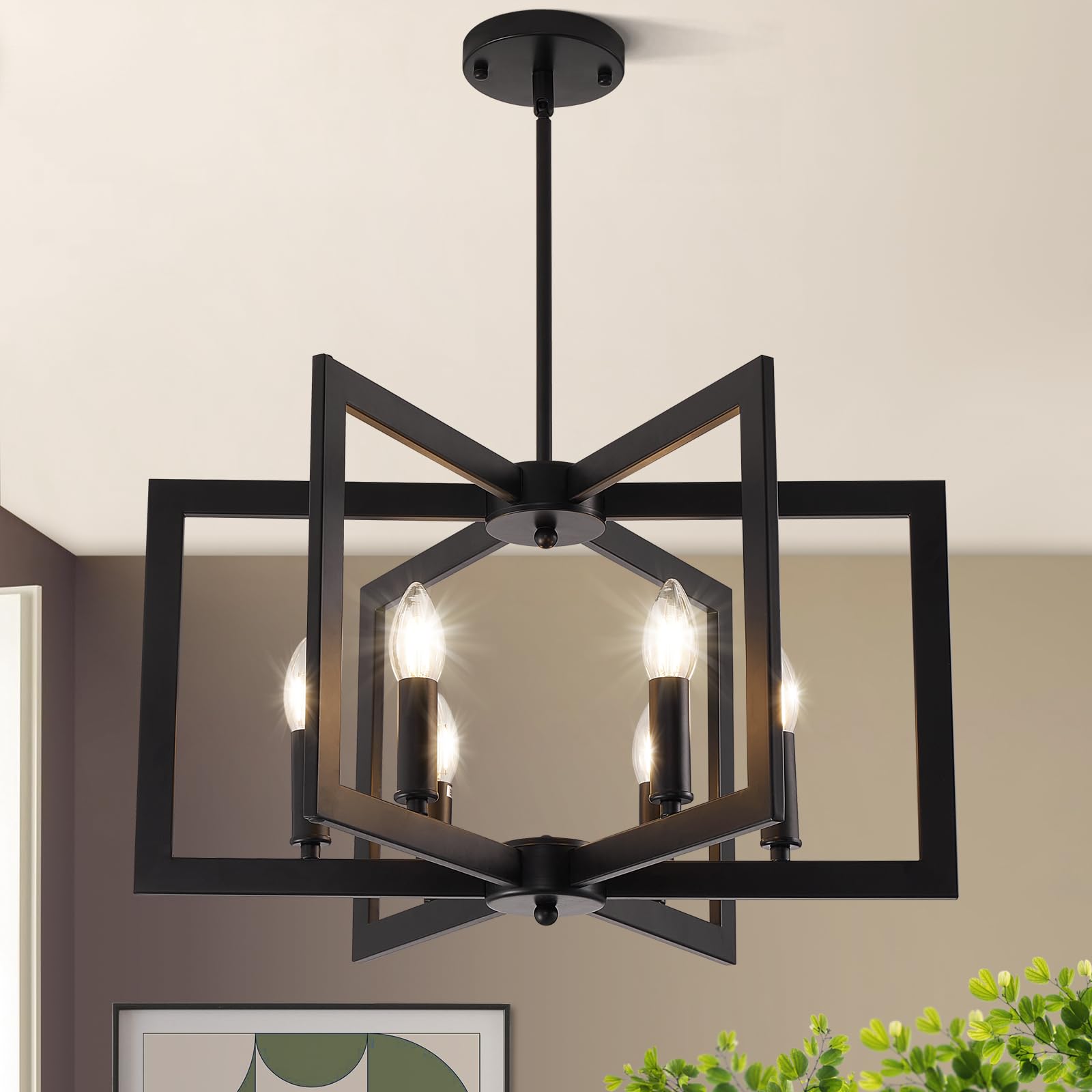 21 6 Black Chandelier for Dining Room 6-Light Geometric Farmhouse Dining Room Fixture Modern Foyer Lighting Fixtures Industrial