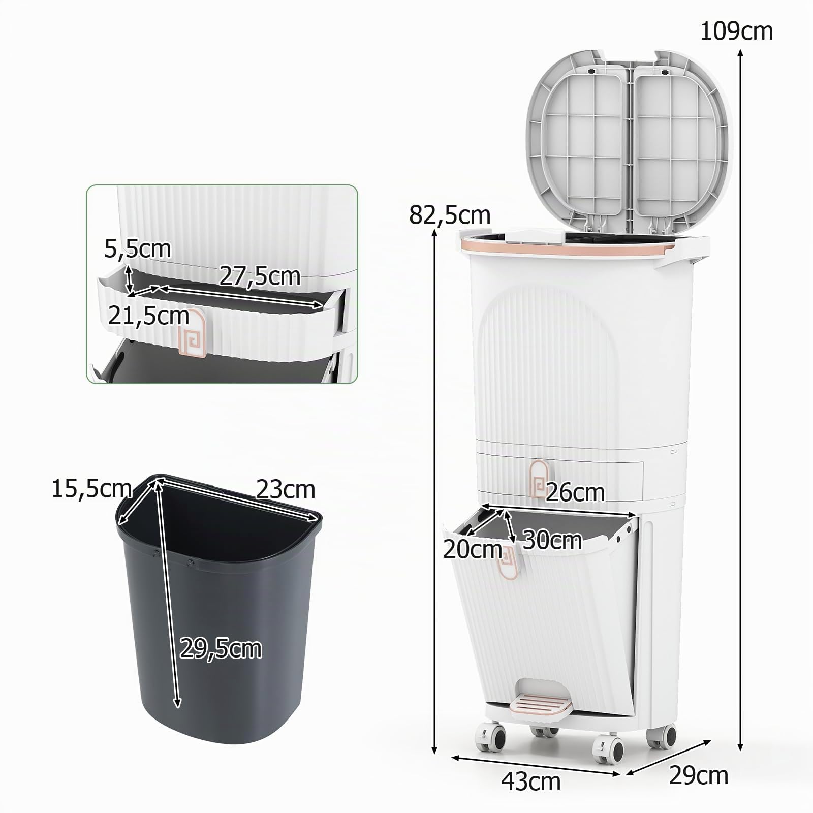 GIANTEX Cubo de Basura de Cocina 42 L, Papelera de Reciclaje Vertical con Ruedas, 3 Cubos Extraíbles, 1 Cajón y Ganchos, Contenedor de PP con Tapas y Pedal, para Oficina, Baño (Blanco)