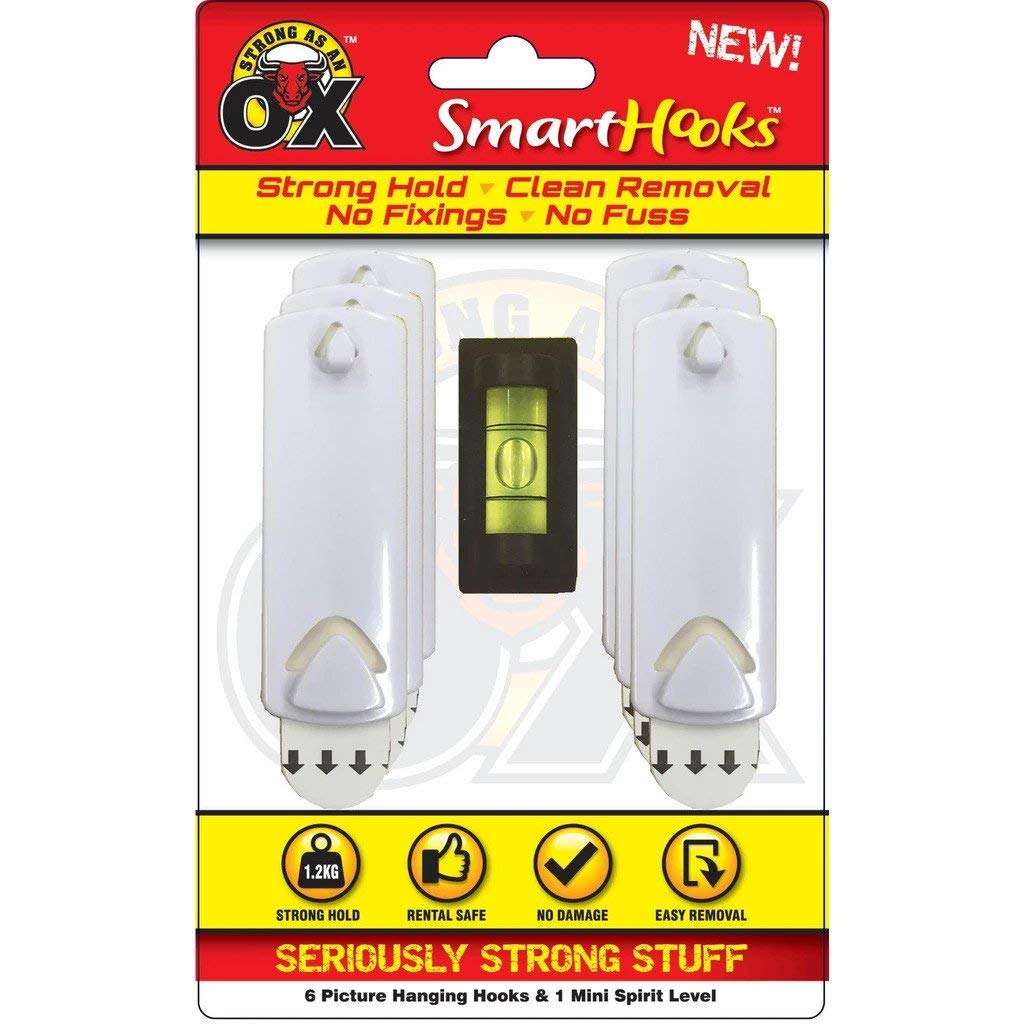 Rapide Strong as an Ox SmartHooks Self Adhesive 6 Picture Hanger Hook Set with Mini Spirit Level