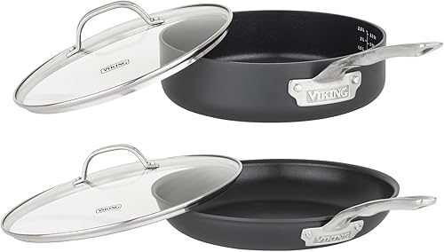 Miniatura 4 de Viking Juego de ollas y sartenes antiadherentes, juego de 12 piezas de utensilios de cocina con tapas de vidrio duras anodizadas, color negro