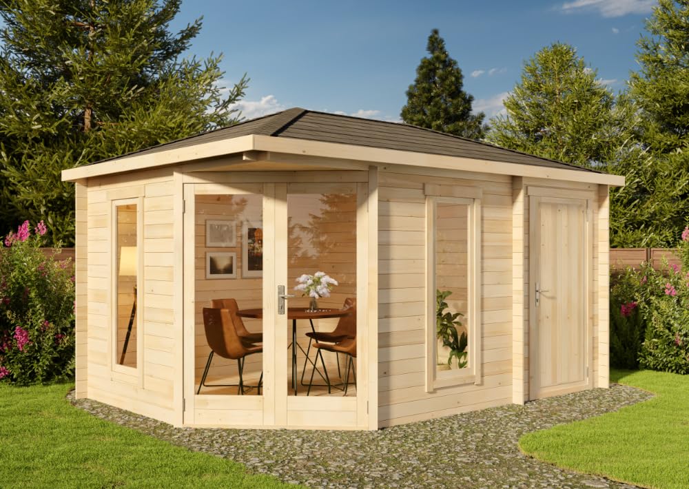 Alpholz 5-Eck Gartenhaus Liwa Compact mit Anbau aus Holz Gartenhütte Wandstärke: 28 mm Geräteschuppen