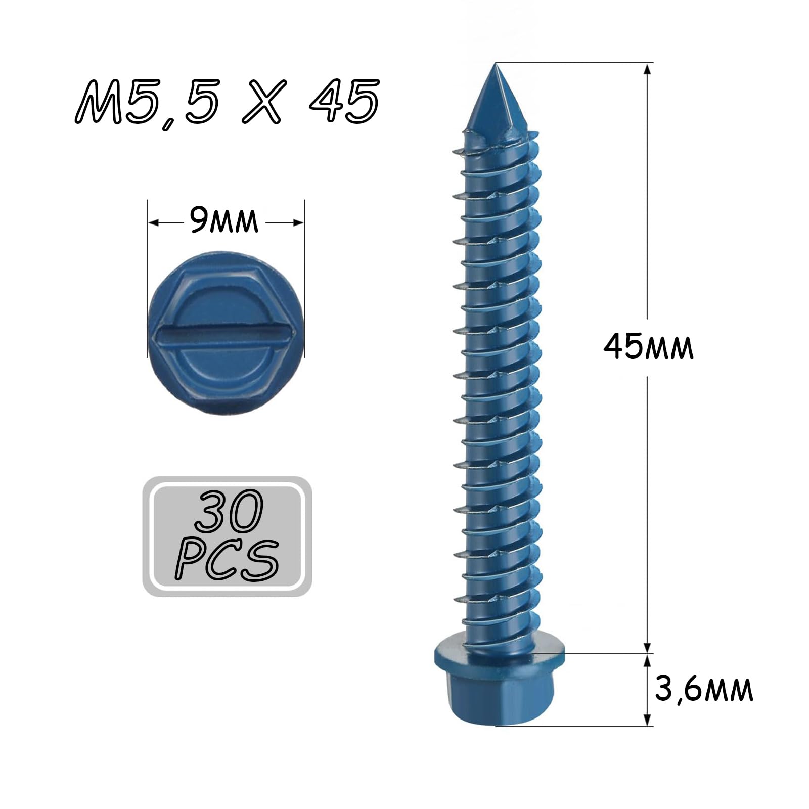 DAYALO Viti per calcestruzzo, testa esagonale M5.5 x 45, 30 pezzi, viti zincati, trapano e chiave a bussola esagonale per muratura, cemento, architettura, industria (blu)