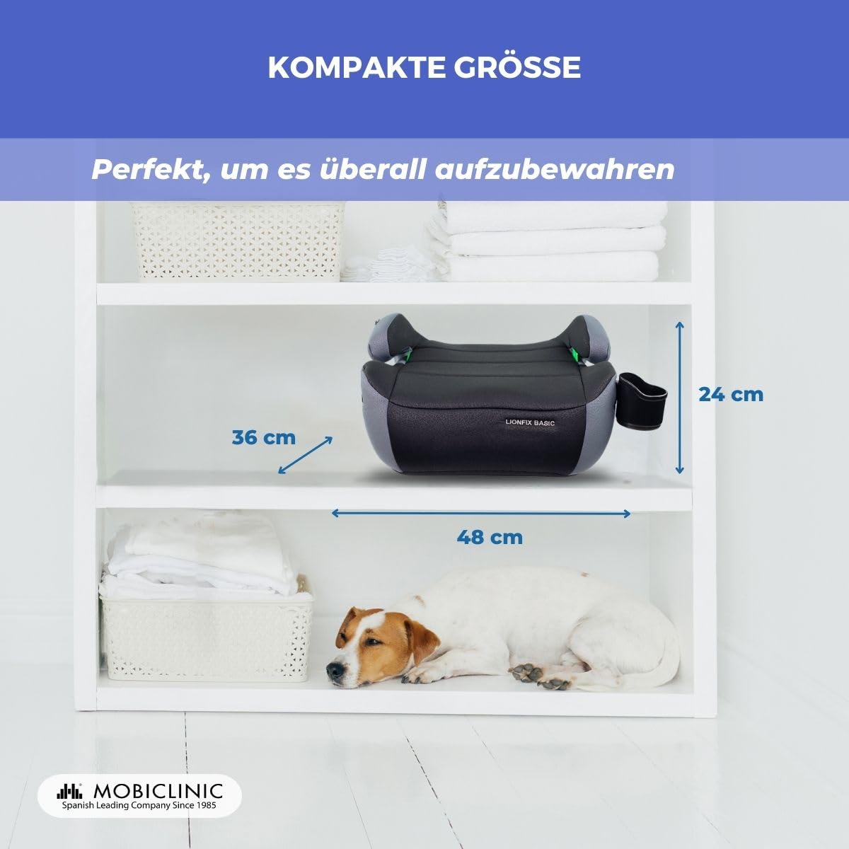 Mobiclinic®, Kindersitzerhöhung, ISOFIX Verstellbar, I-Size ECE R129, Herausnehmbarer Flaschenhalter, 125–150 cm, Abnehmbarer und Waschbarer Bezug, 22–36 kg, Gepolsterte Armlehnen, Lionfix Basic