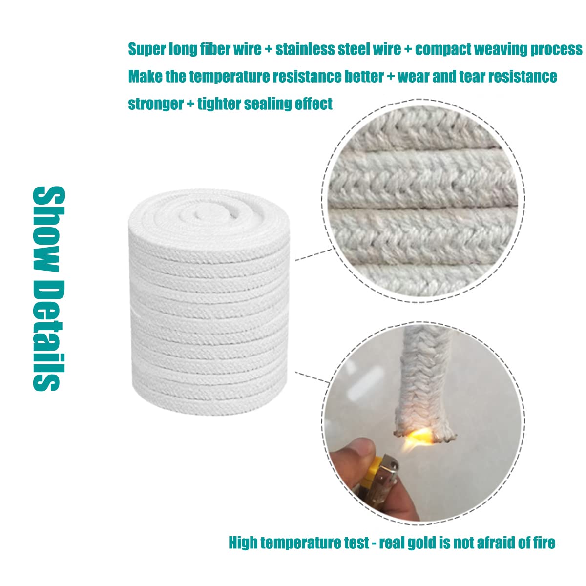 Ceramic Fiber Cloth, High Temperature Flat Gasket Tape Braided Size 6 x 6Mm, High Temperature Gasket Seal for Boiler Furnace Oven Kiln Casting(50M)