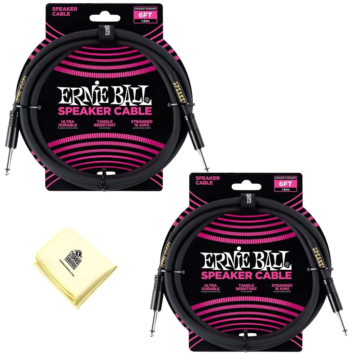 Ernie Ball Speaker Cable Straight/Straight with Cleaning Cloth in Black 6 Feet - Pack of 2