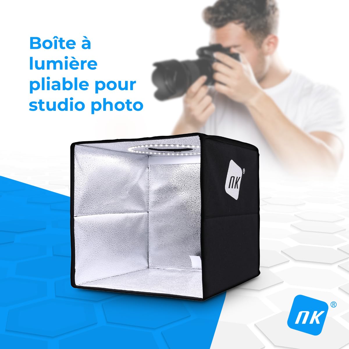 NK Mini Studio Photo (30x30cm) - Boîtes de Lumière pour Studio Photo, 3 Températures de Lumière LED, Luminosité Réglable x10, RA90, Petits Produits Bijoux, Poignée de Transport (6 Fond de Couleurs)