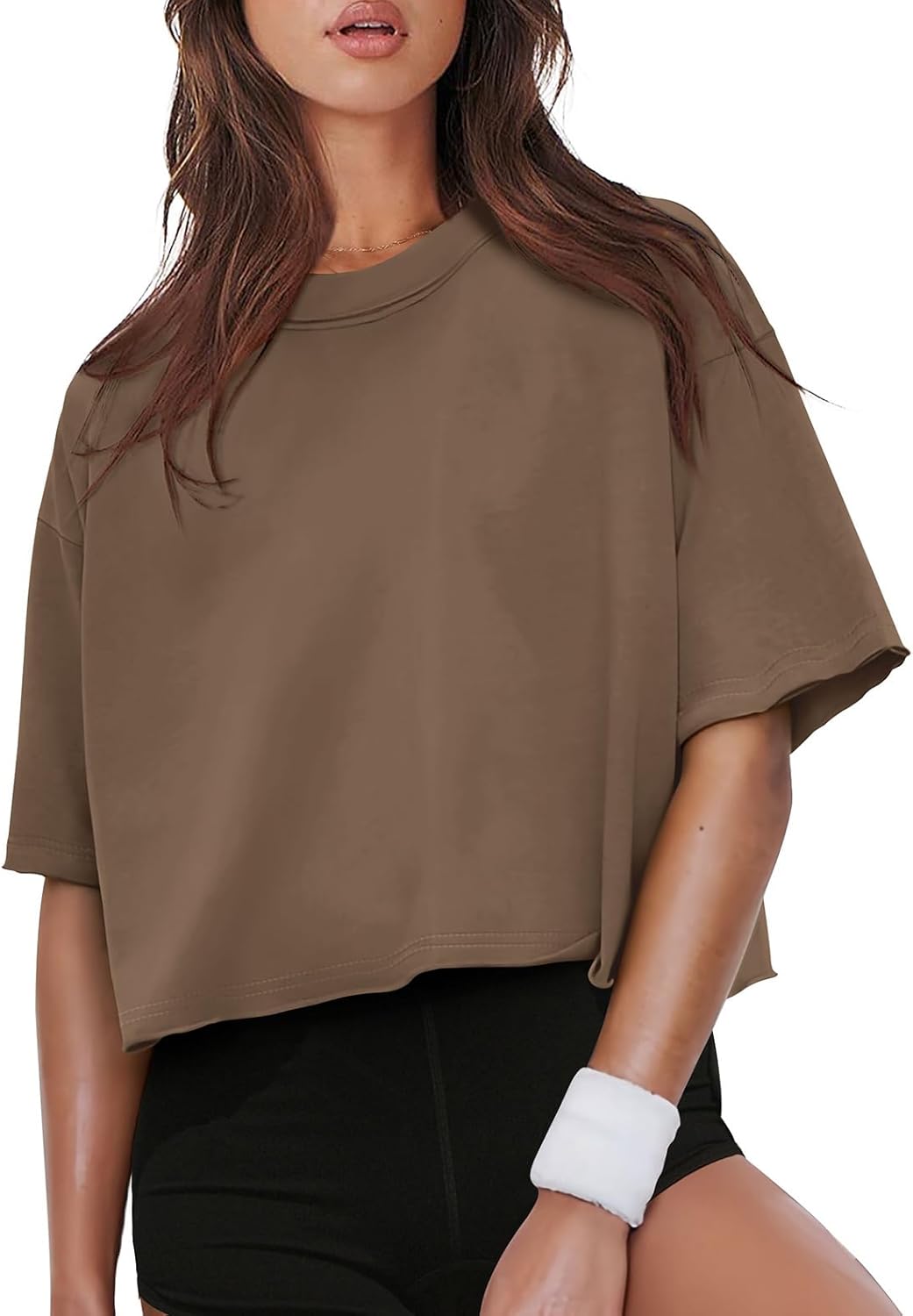 XIEERDUO Cotton Tshirts for Women Drop Shoulder Round Neck Oversized Crop Tops Workout Tops Tees - Image 2