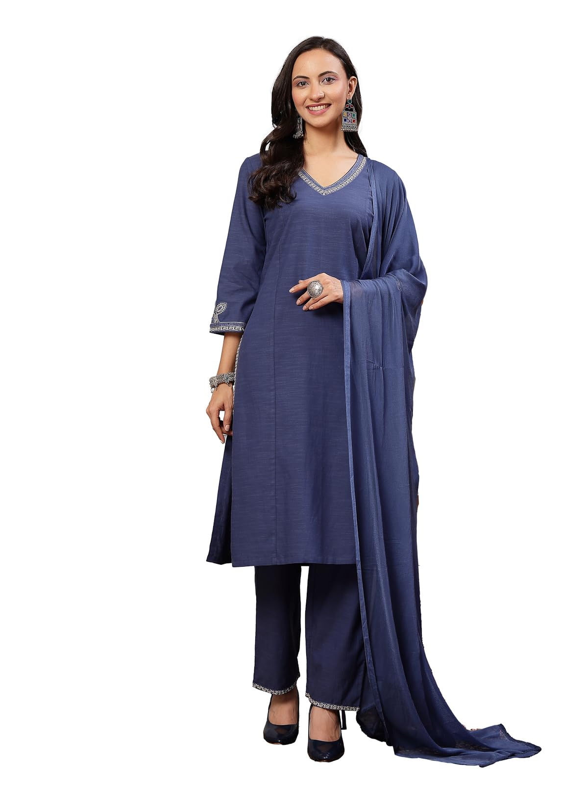 Solid Embroidered A-line Kurta Set with Dupatta for Women-image-27