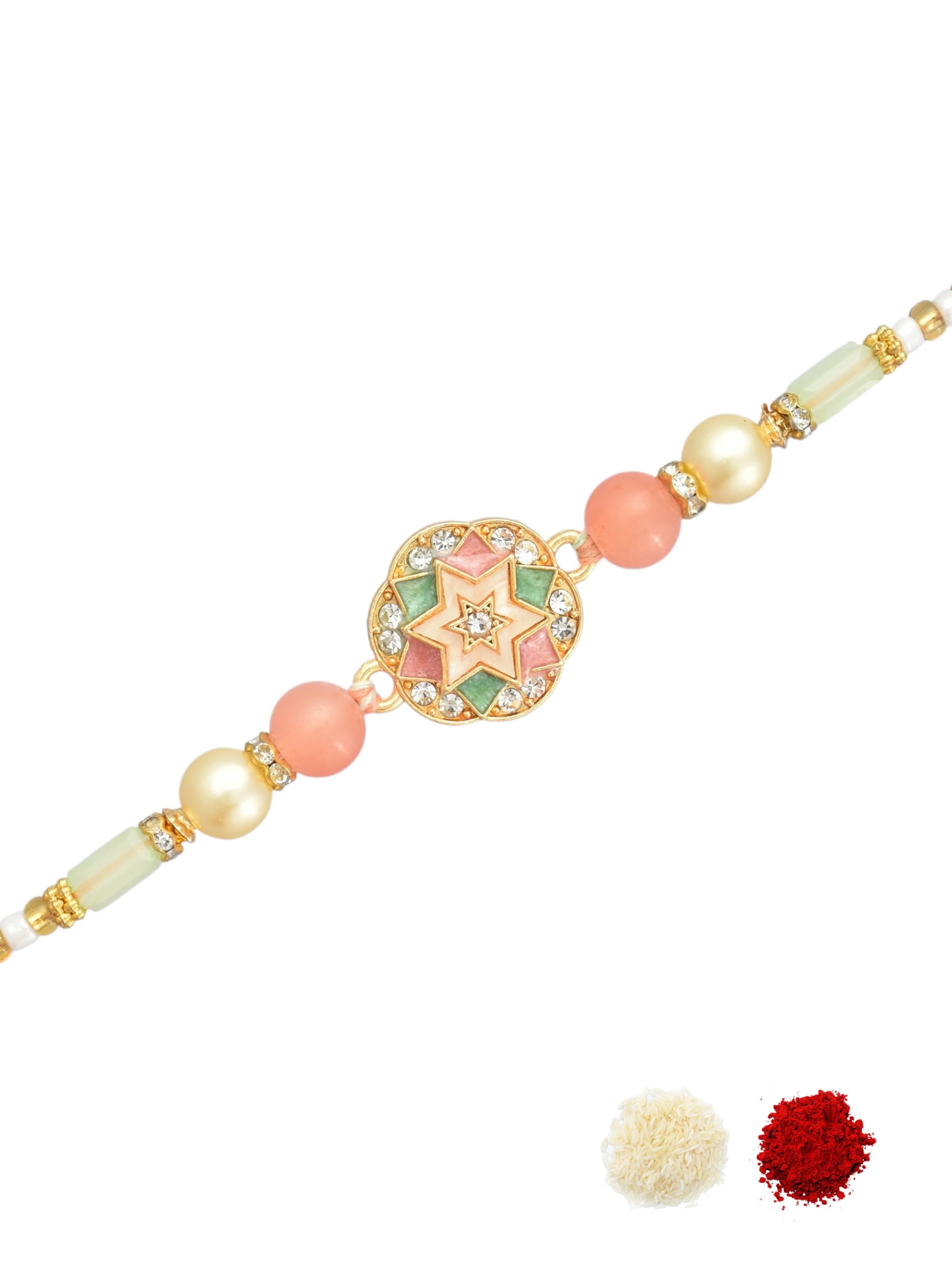 Premium Pastel Star Motif AD Studded Enamel Work & Beaded Cotton Thread Pack of 1 Rakhi for Brother, Bhai, Bhaiya, Kids with Roli Chawal & Greeting Card for Raksha Bandhan-44-image-37