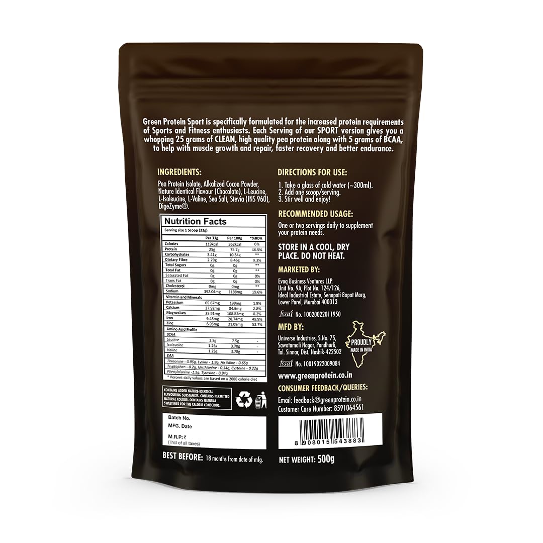 GREEN PROTEIN Sport Plant Protein Isolate Powder, 25gm Protein, 5g BCAA Per Serving, No Added Sugar | Soy Free, Dairy Free, Gluten Free, Allergen Free, Chocolate Flavor, 500g — Amazon image 2