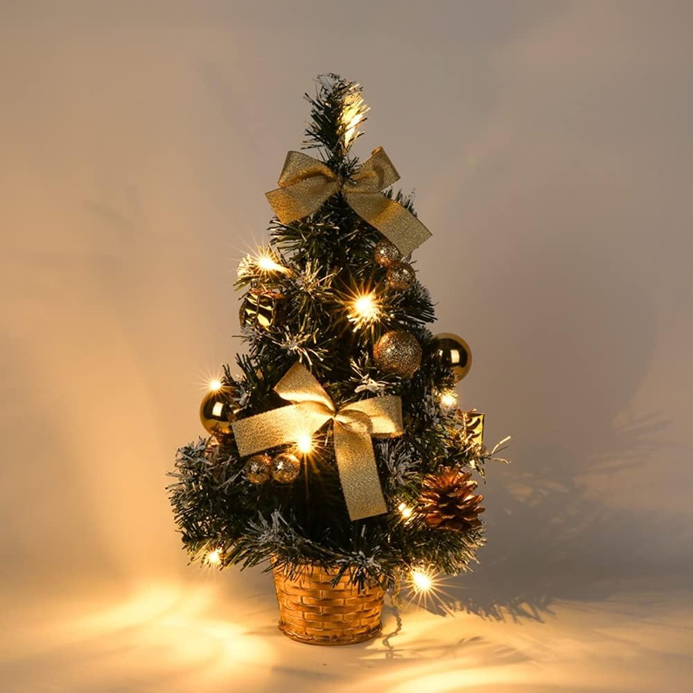 40cm Mini Christmas Tree with Lights, Desktop Christmas Tree, Battery Powered Tabletop Tree for Christmas Holiday Table Decor (Gold)
