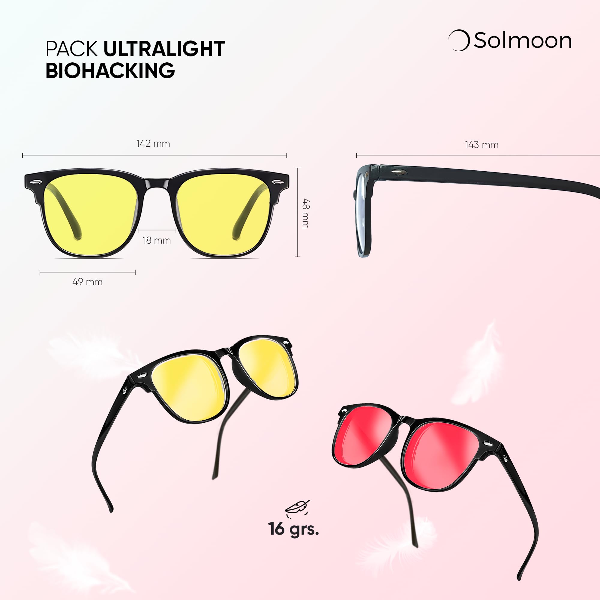 Solmoon Gafas Luz Azul Día y Noche – Set 2 Gafas Focus Amarilla + Sleep Roja | Sistema Circadiano 24H de Optimización Lumínica | Lentes Tritan™ BPA Free | Circalens™