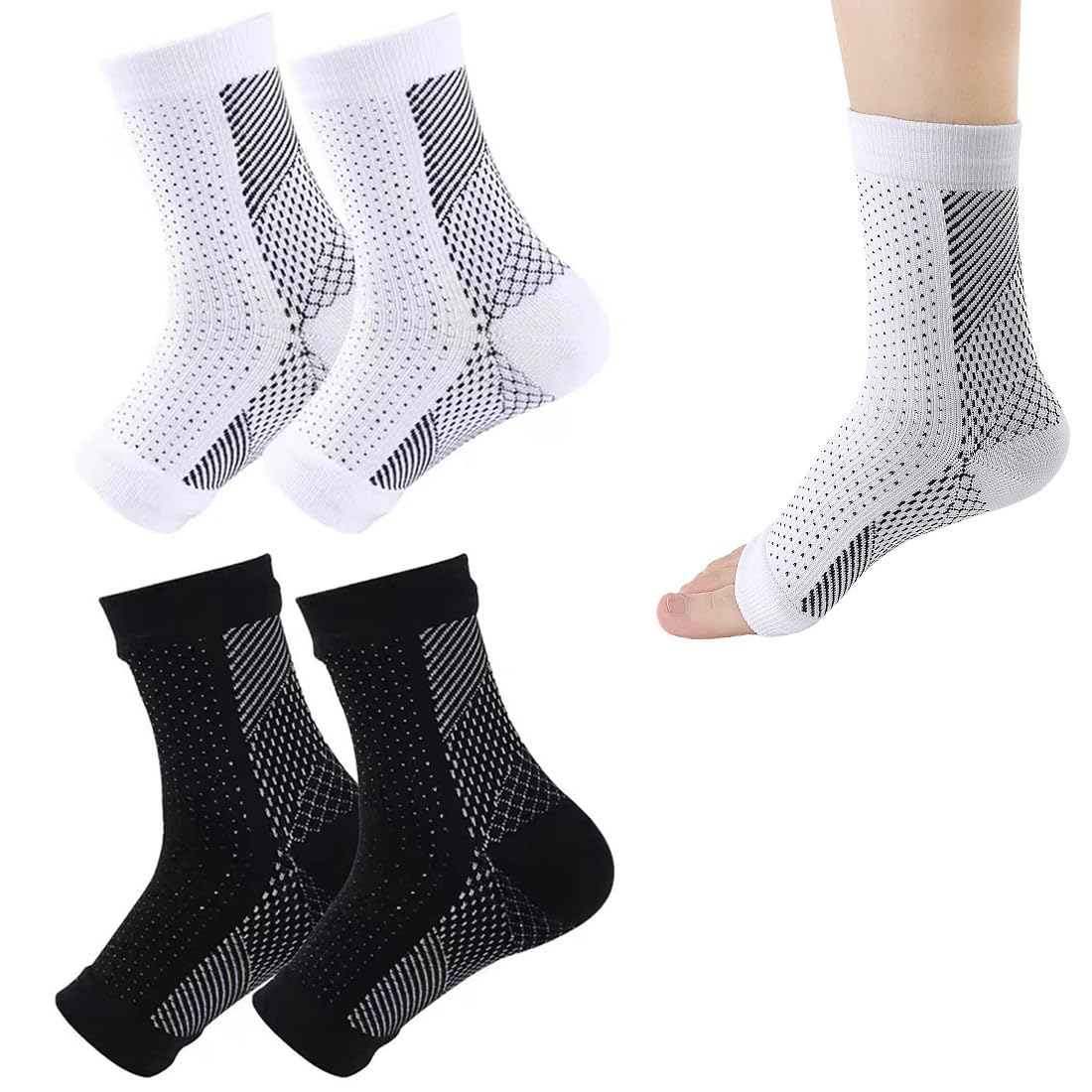 2 Pairs Functional Socks for Neuropathy, Plantar Fasciitis & Ankle Support - Unisex Adults, Black, L