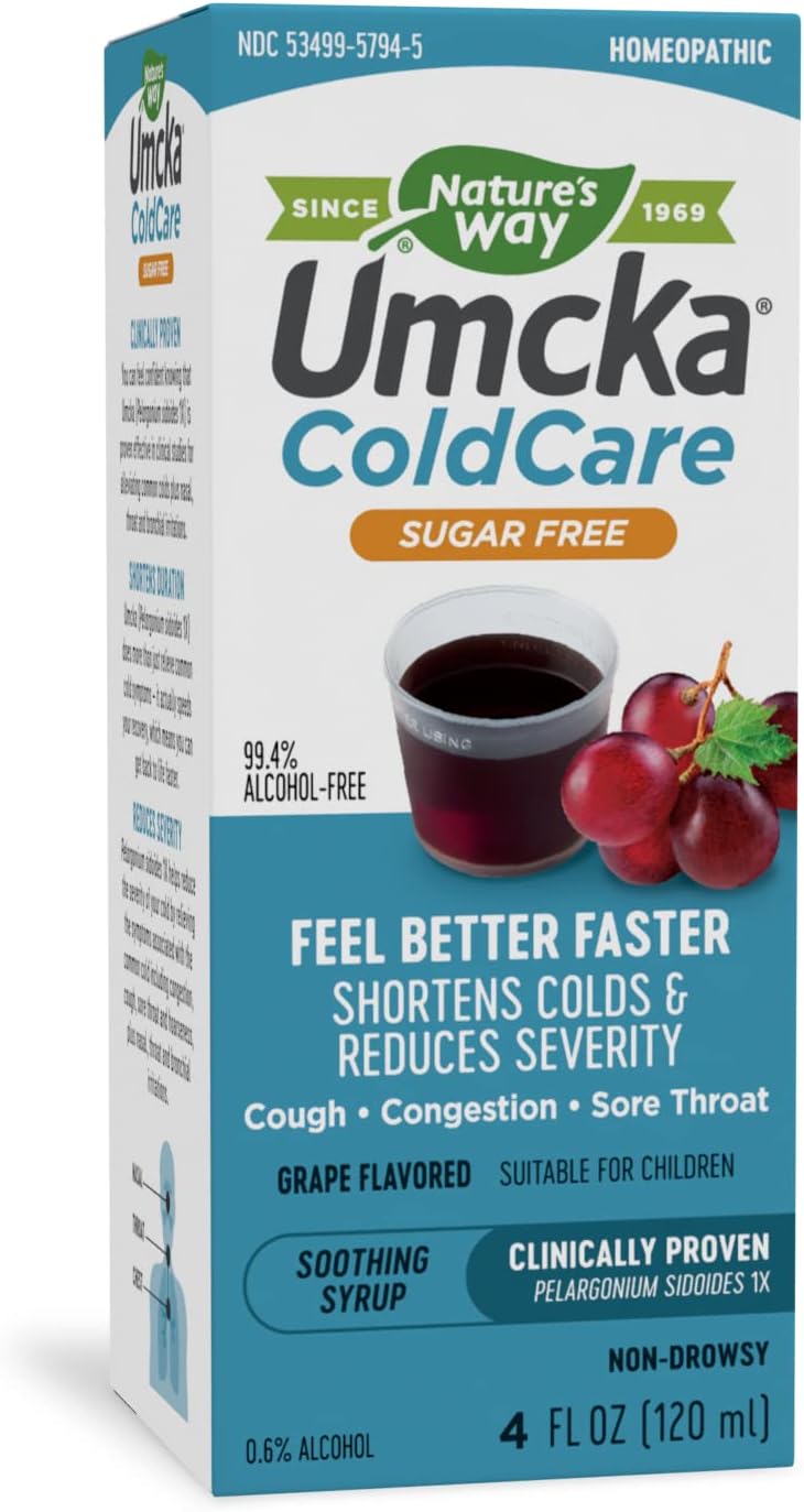 Nature’s Way Umcka ColdCare Sugar Free Syrup, for Cough, Congestion, Sore Throat, Clinically Proven, 4 Fl. Oz, Grape Flavored