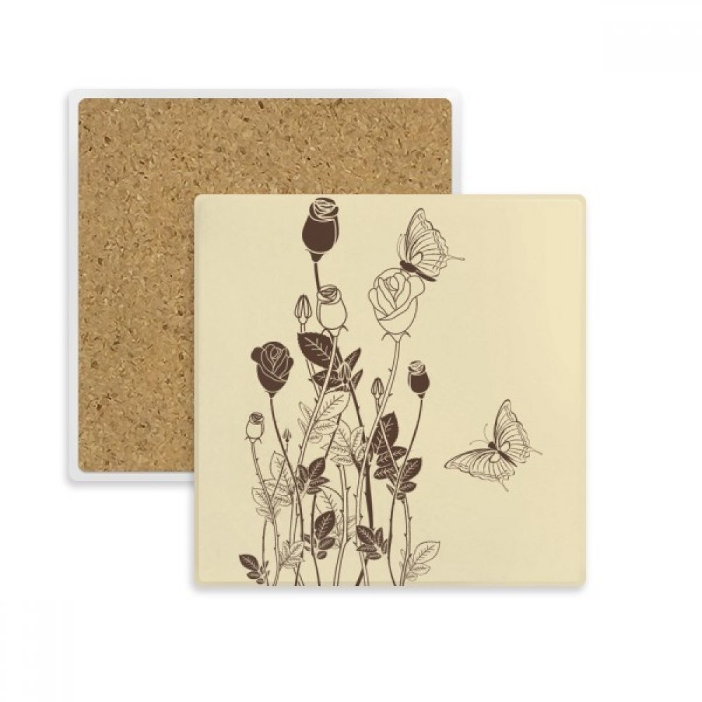 Coaster rose papillon fleur plante carrée pour verres et tasses