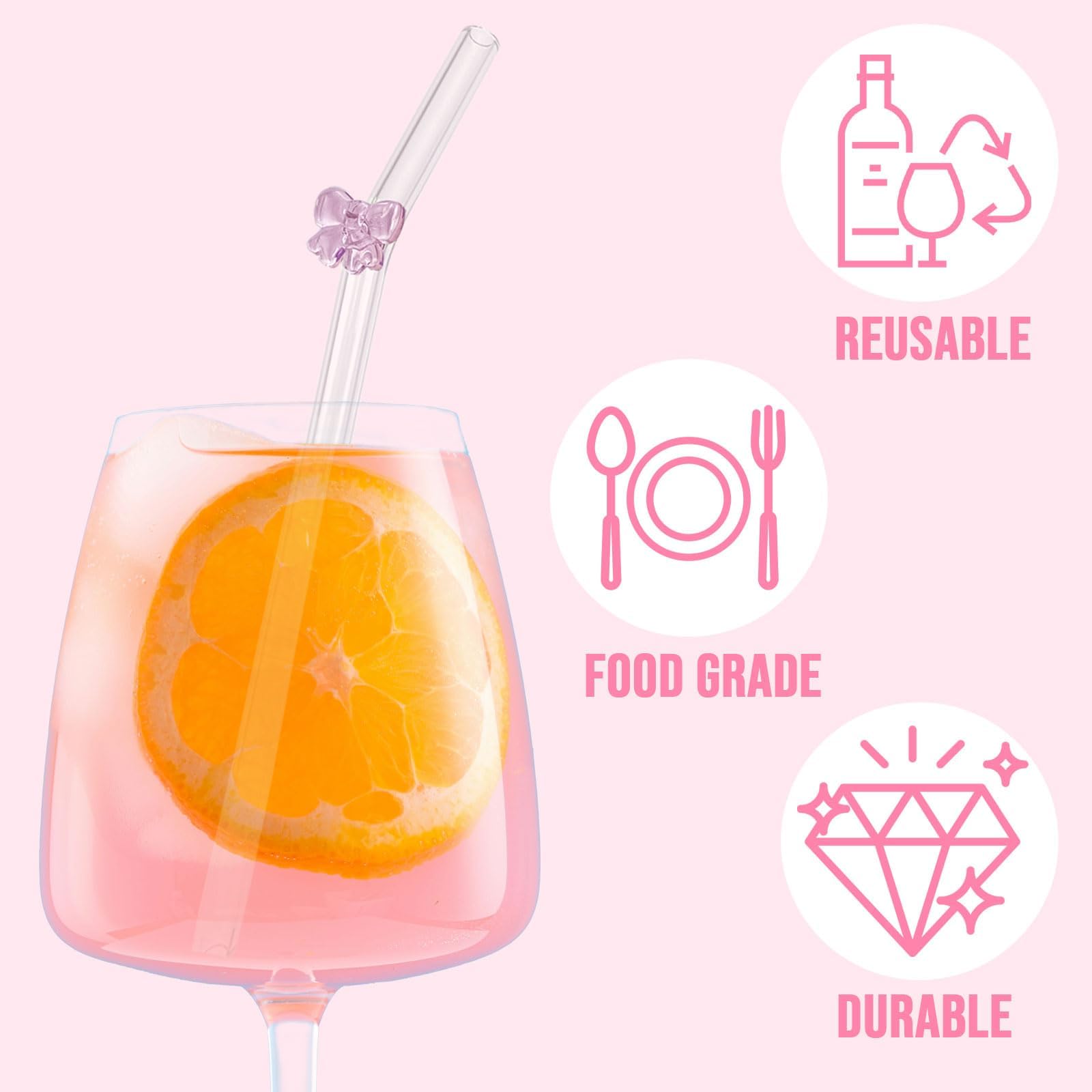 Lot De 6 Pailles En Verre Réutilisables Avec Breloques, Jolis Nœuds Colorés Incassables Avec 2 Brosses De Nettoyage Pour Cocktails, Smoothies