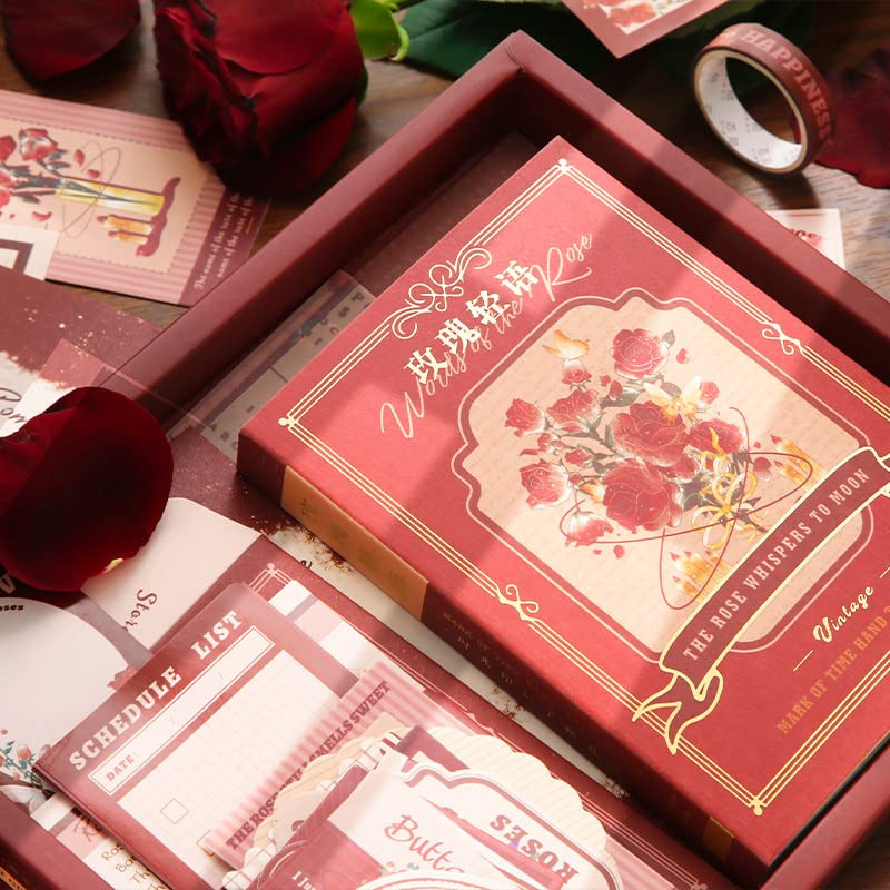 Image of Retailio 348 Pcs Scrapbook Kit Vintage Aesthetic Scrapbook Kit for Bullet Junk Journal Stationery A6 Grid Notebook, DIY Journaling Supplies, Birthday Craft Gift (Rose)