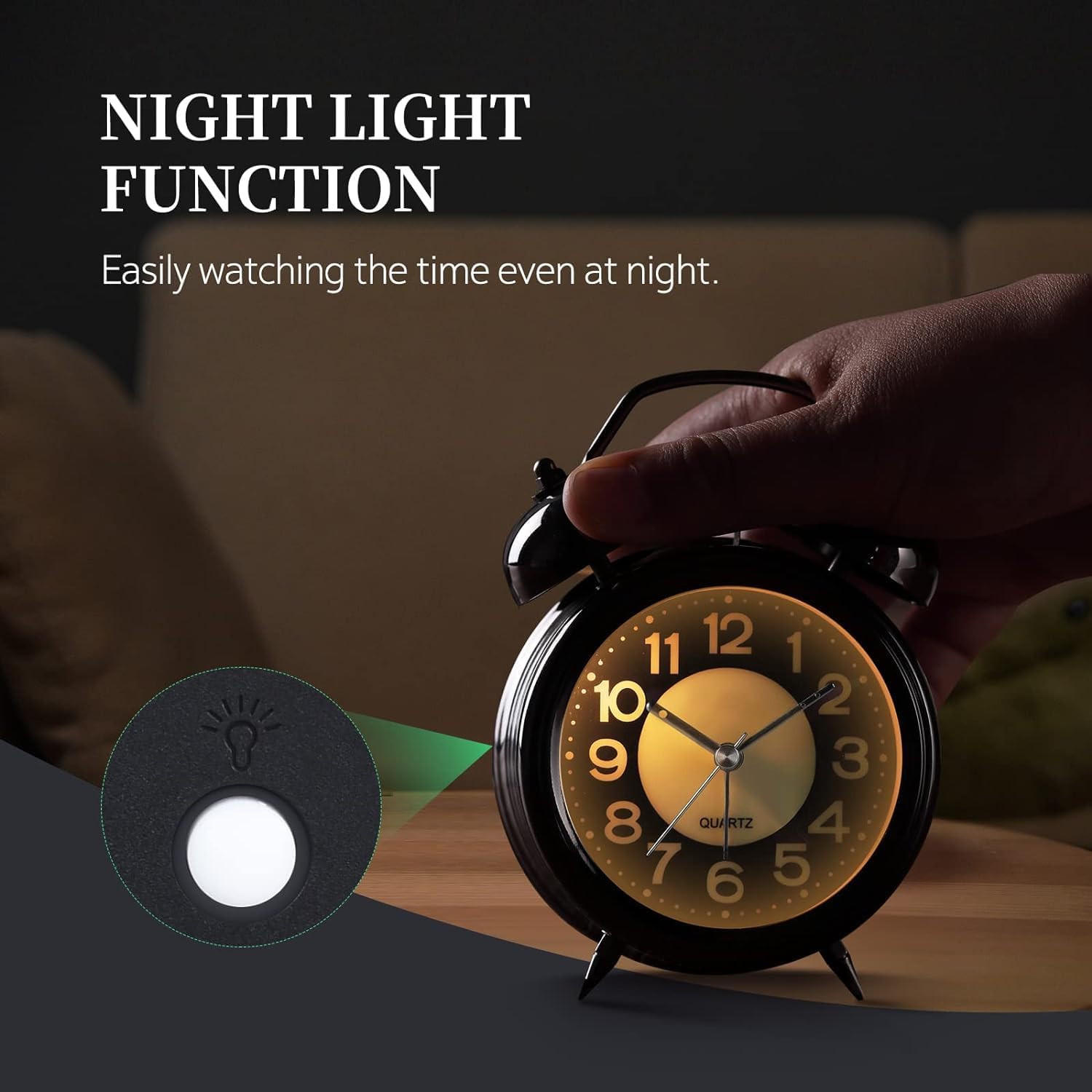 FLOITTUY Vintage Twin Bell Analog Display Table Alarm Clock with Night Led Light Heavy Slippers Extra Loud Alarm Clock Ideal for Student and Kids Bedroom (Silver) 3