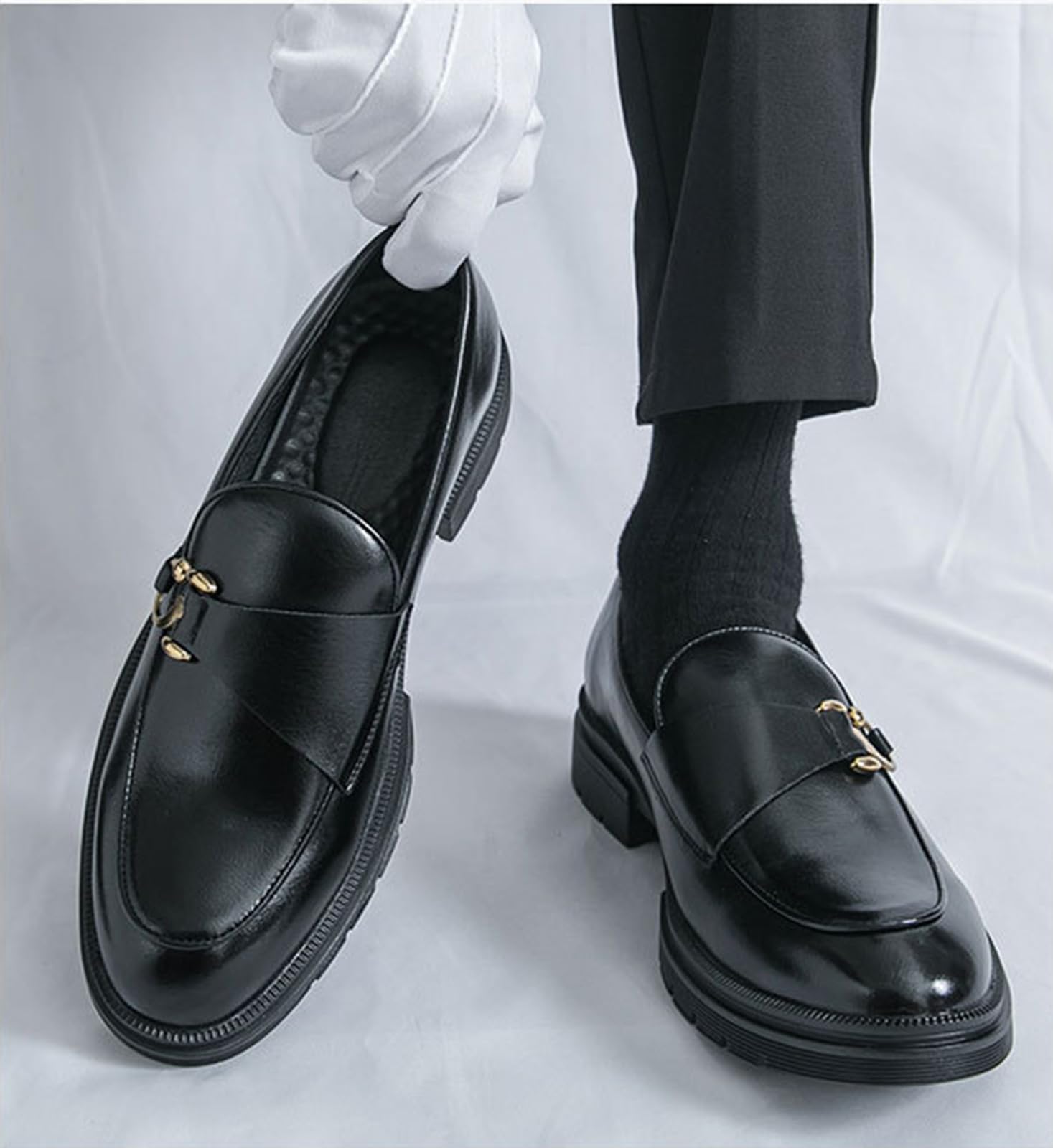 Mocasines Hombre Zapatos de Vestir Casuales Piel Sintética Sin Cordones Suela de Goma Gruesa Boda Oficina