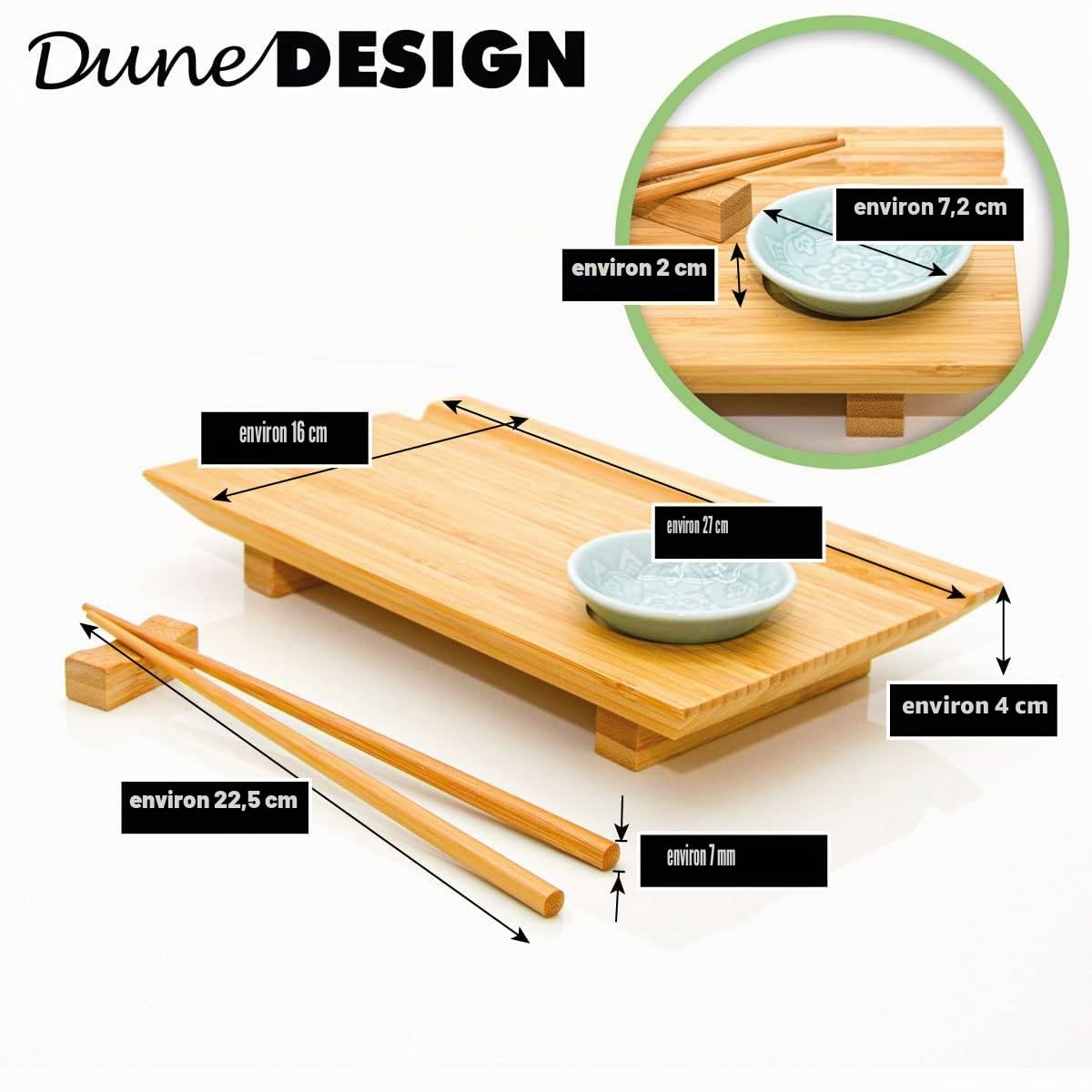 DuneDesign Ensemble de vaisselle à sushi pour 2 personnes - 27 x 16 x 4 cm - Planche à sushi - Ensemble complet - Assiette à sushi - Plateau de service en bois - Plateau en bambou - Accessoires sushi