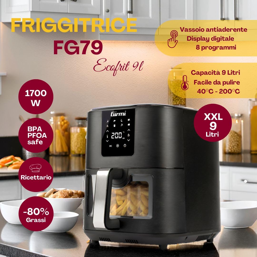 Girmi Friteuse à air Girmi FG79 Ecofrit 9L, 1700 W, 9 litres XXL, 8 programmes, Affichage numérique, BPA-PFOA Safe, Éclairage intérieur, Minuterie, Livre de recettes inclus