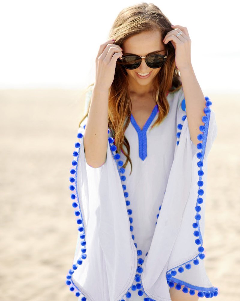 Swimsuit Cover-up with Tassels by Thai Honey Apparel (White/Blue)