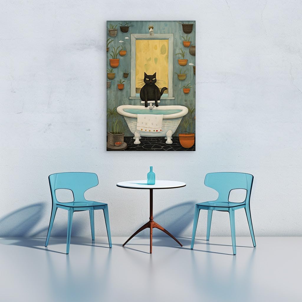 Canvas for Living room. Curiosity and Calm: A Black Cat's Bathtime Adventure Among Potted Greens, 27 x 18 inch Canvas Wall Art - Ready to Hang - 69x46 cm (27x18 inch)