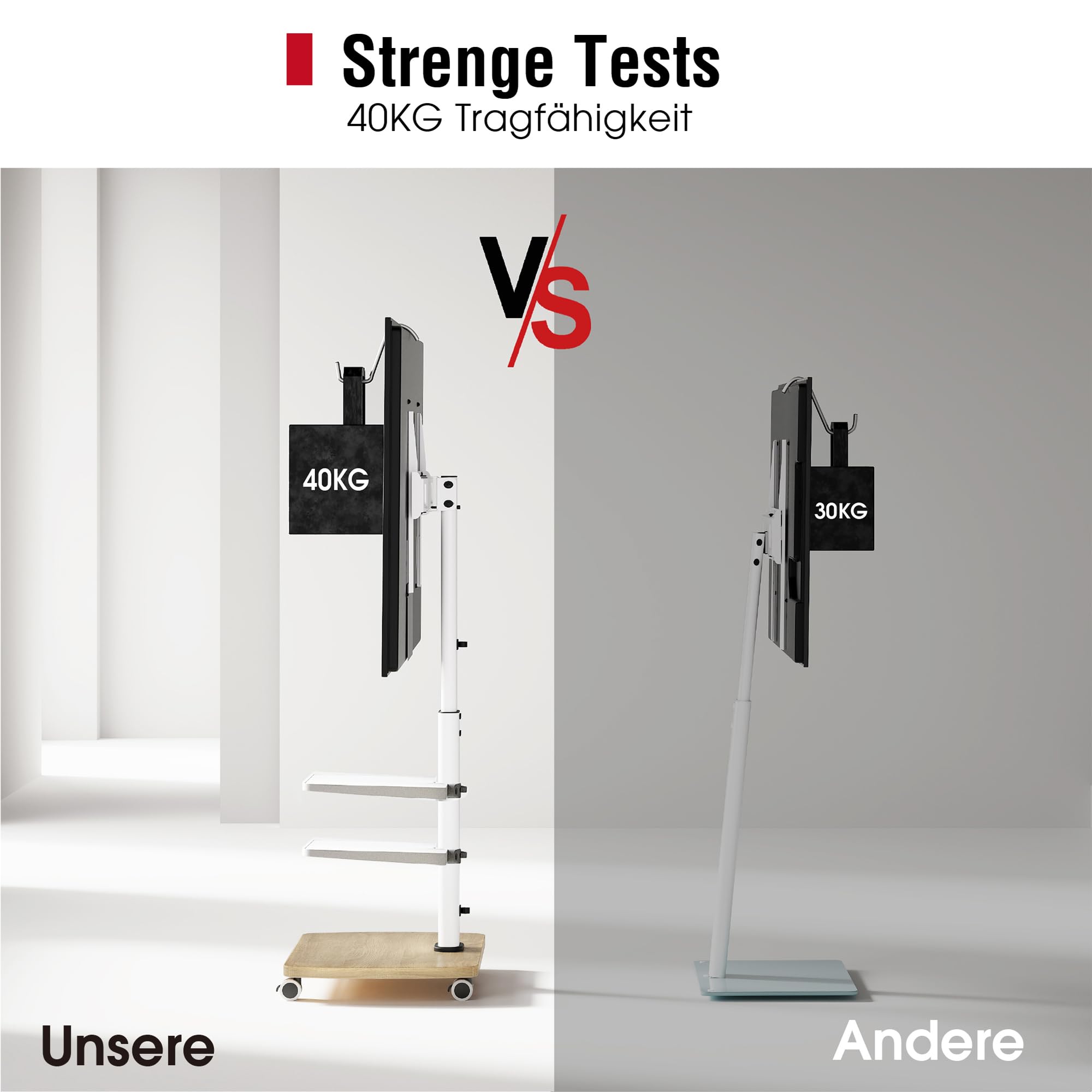 AOKCOS TV Ständer Rollbar mit Holzablage 2 Regal, Fernsehständer auf Rollen für 32-65 Zoll TV, TV Bodenständer Höhenverstellbar Drehbar, bis 40 kg Max. VESA 400x400mm (Weiß+Natur)