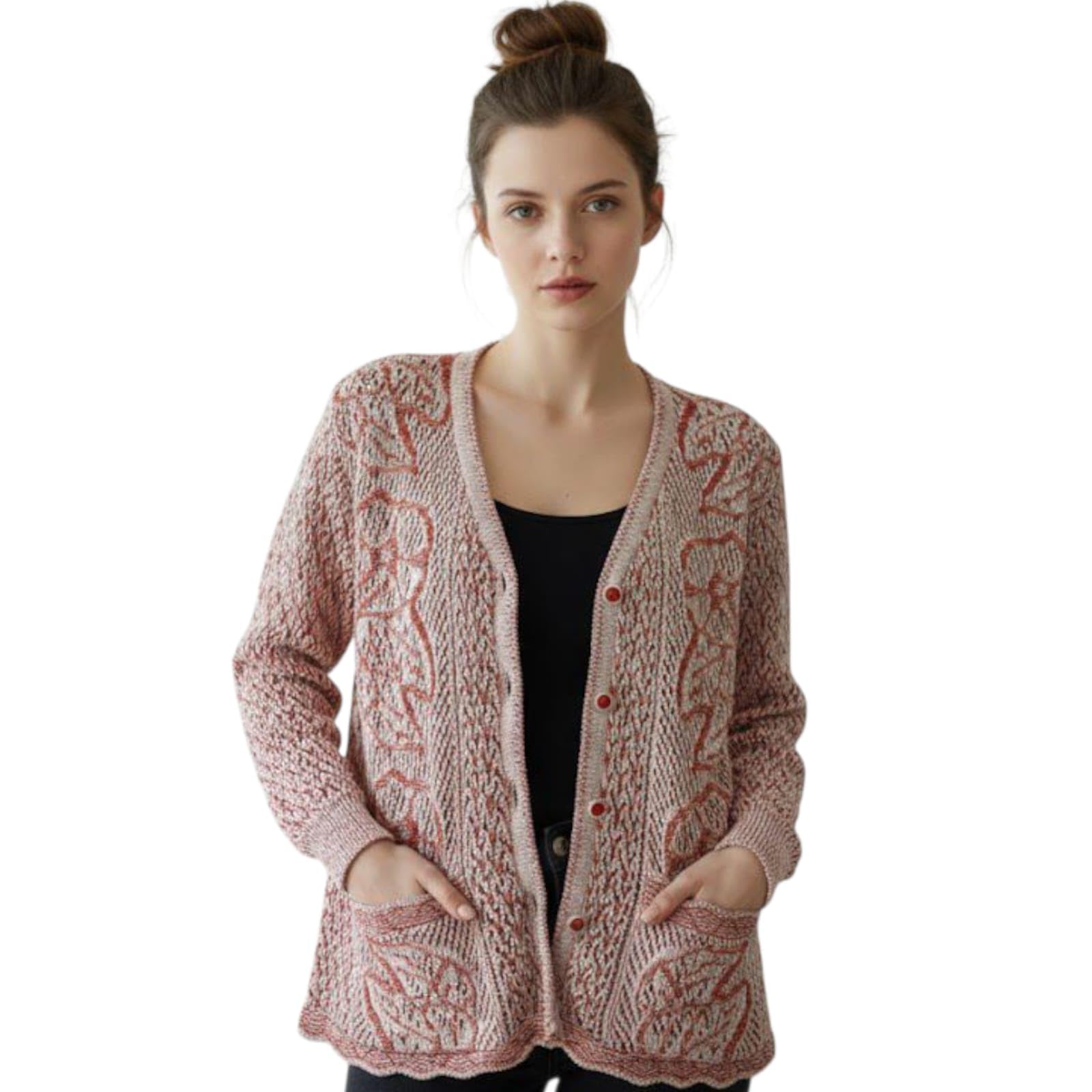 K.SALARIA Women's Floral Knit Cardigan/Sweater, Button Down Coral Red-image-11