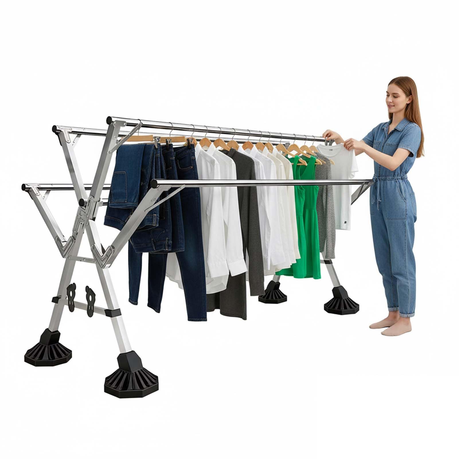 HPTHLY This Stainless Steel Foldable Clothes Rack, Adjustable Laundry Hanger, Extendable Drying Stand, Portable Indoor & Outdoor Hanger, Space-Saving Garment Rack