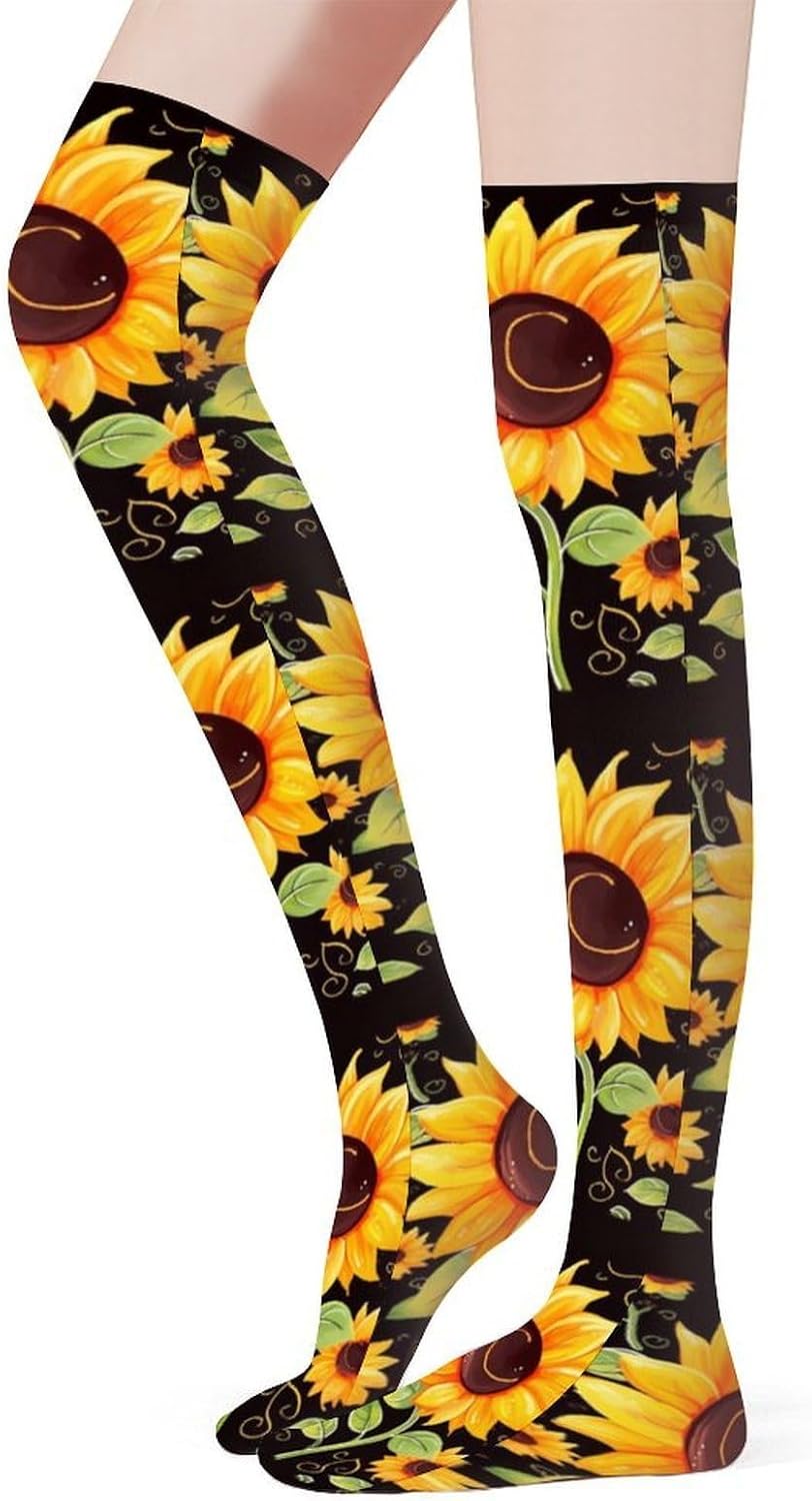 Cute Sunflower Knee High Stockings for Women 23.6" Breathable Thigh High Stockings Over The Knee Socks