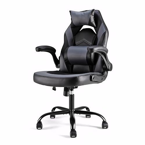 ENYLAY Ergonomic Computer Gaming Desk Chair, PU Leather with Adjustable Lumbar Support and Headrest, Flip-Up Armrests Swivel Wheels & Reclining Chairs for Adults and Teens (Gray) - Grey