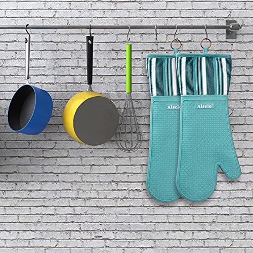 Alselo Silicone Oven Mitts Heat Resistant 550 Degree Extra Long Kitchen Gloves Pot Holders With Waterproof And Non-Silp For Baking Cooking Barbecue Microwave Machine Washable (Extra Long Blue, 2) #TOP4