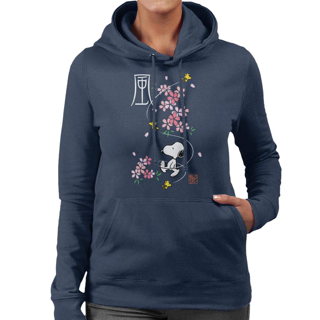 Peanuts Women's Navy Snoopy & Woodstock Japan Cherry Blossom Hooded Sweatshirt Blue